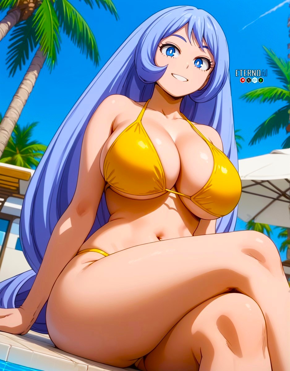 1girls, ai generated, anime, anime girl, anime style, babe, beautiful girl, belly button, blue eyes female, blue hair, blue sky, blue-haired female, breasts, busty female, curvy female, day, eternoai, fantasy, female, female focus, goddess, heavenly face, heroine, legs crossed, looking at viewer, lovely, massive breasts, my hero academia, nejire hado, palm tree, poolside, posing, resort, seductive, seductive pose, sexy, shonen jump, smile, solo, superheroine, thick thighs, voluptuous