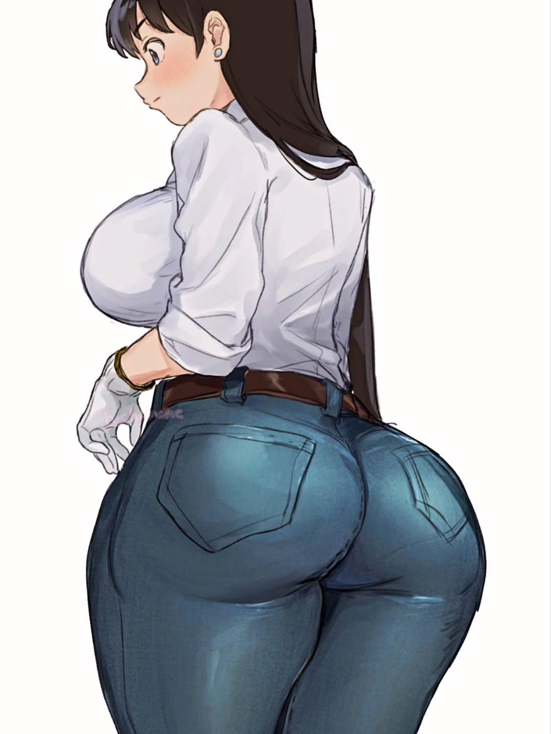 1girls, alternate version at source, arato nagi, artist request, ass, ass focus, back view, big ass, big breasts, black hair, blue eyes, blue jeans, breasts, clothed, clothed female, clothing, denim, ear piercing, ear ring, earrings, fat ass, female, female focus, female only, huge ass, huge breasts, jeans, large ass, large breasts, long black hair, pants, ruri no houseki, solo, solo female, solo focus, standing, thick ass, thick thighs, tight clothes, tight clothing, tight pants, voluptuous, voluptuous female, white background, white gloves, white shirt