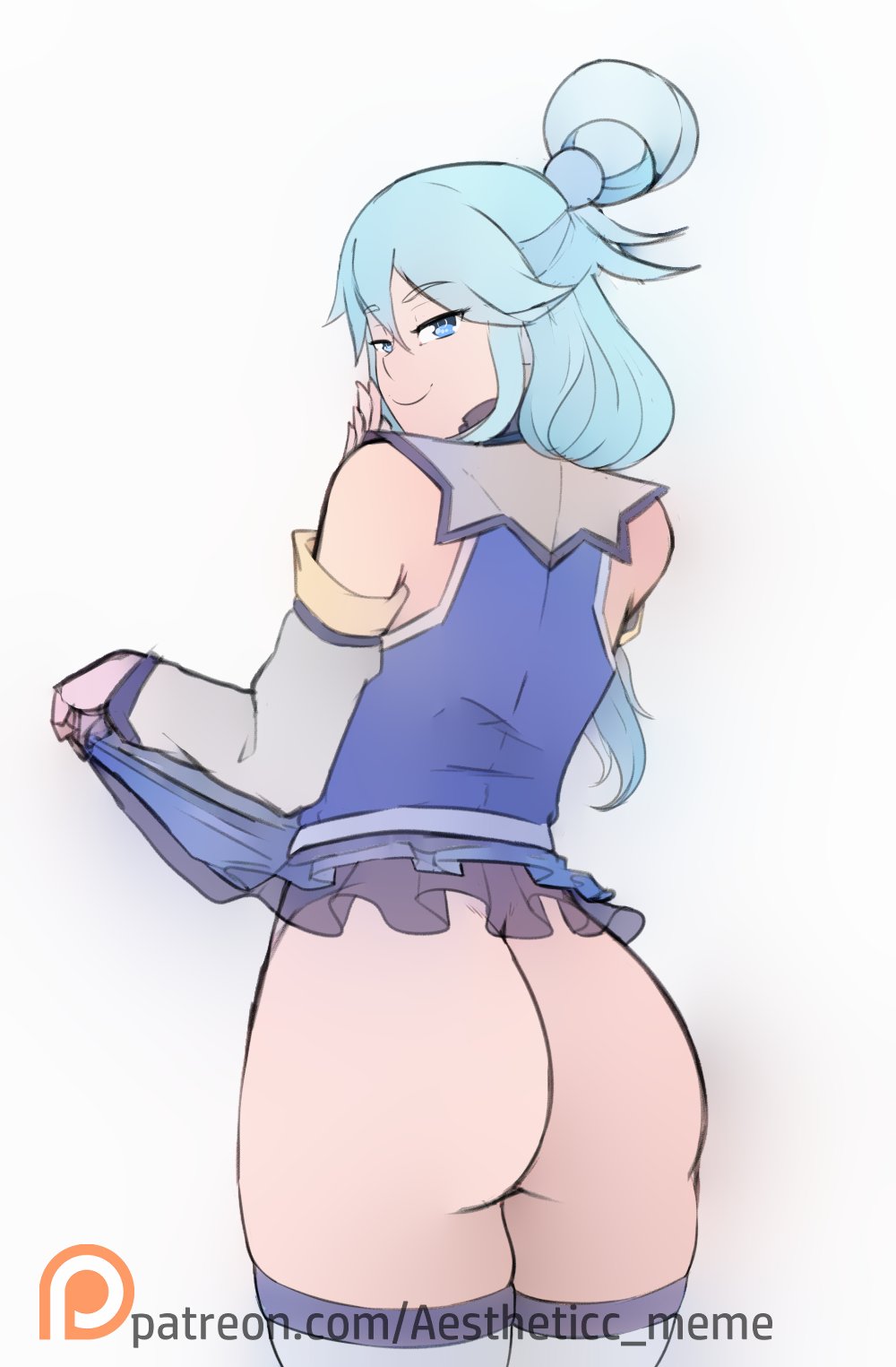 1girls, aestheticc-meme, aqua (konosuba), aqua hair, ass, blue eyes, bottomless, bubble ass, bubble butt, female, female only, from behind, kono subarashii sekai ni shukufuku wo!, looking at viewer, mooning, presenting ass, skirt lift, smile, solo, thick thighs, white background