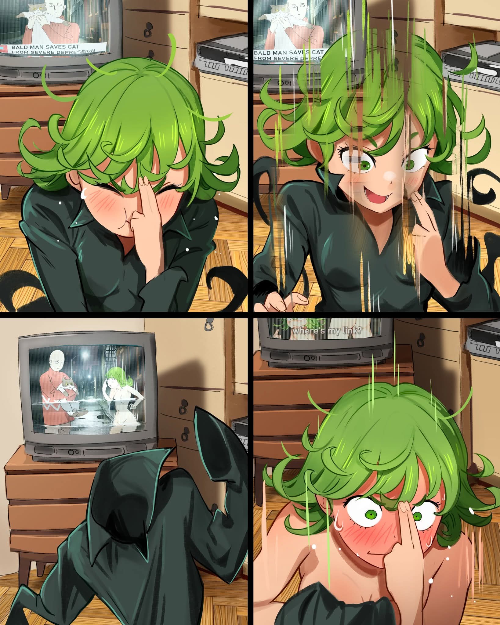 1boy, 1girls, 4 panel comic, blush, comedic, comedy, crt, embarrassed, embarrassed female, embarrassed naked female, embarrassed nude female, enf, feline, female, flustered, funny, green eyes, green hair, green-haired female, instant transmission, khyleri, live tv, male, meme, naked, nervous sweat, nude, one-punch man, saitama, short hair, source request, suddenly naked, sweat, tagme, tatsumaki, teleportation, teleporter mishap, tv, wardrobe malfunction