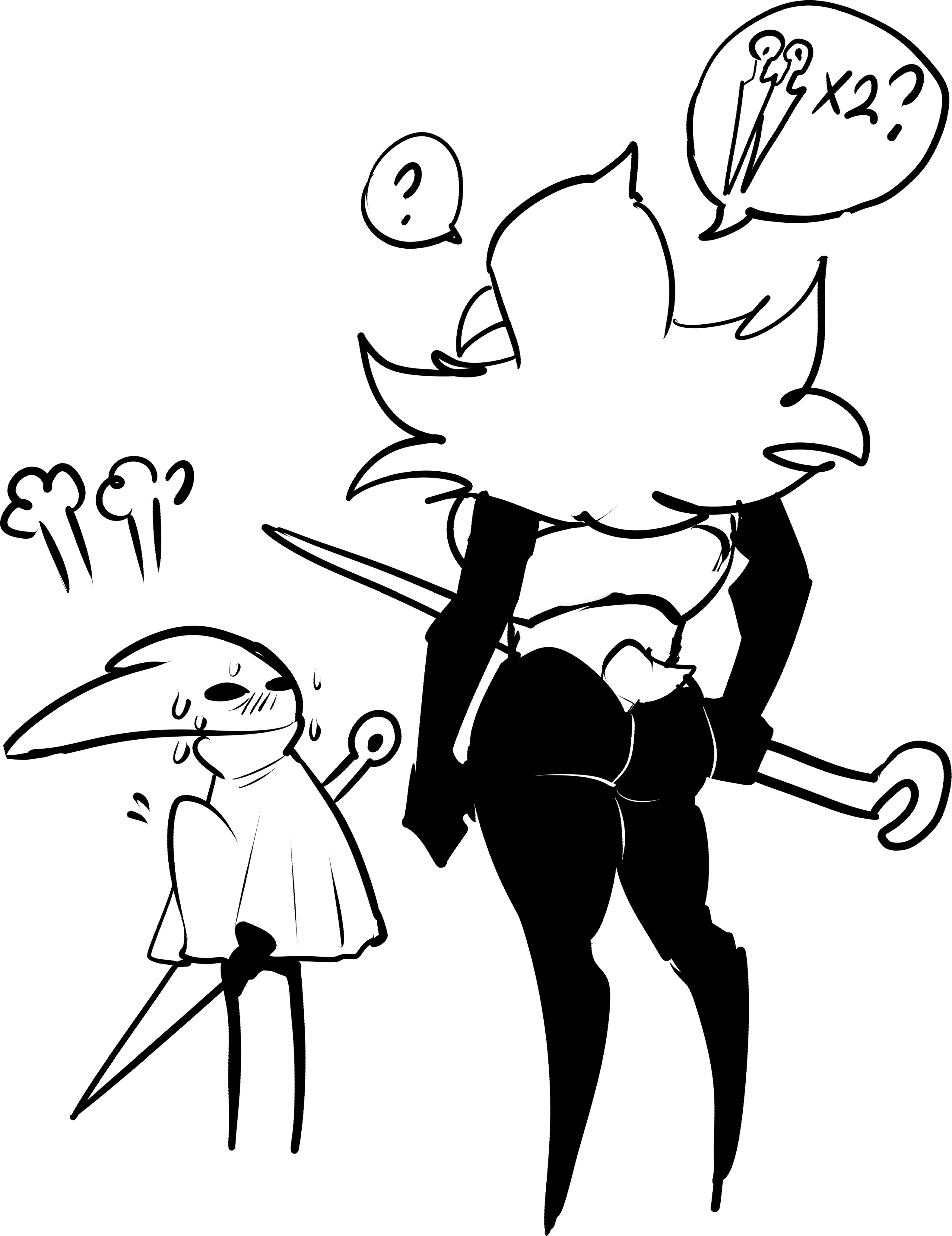 avian, avian humanoid, back view, blush lines, bubble ass, bubble butt, bug girl, craw (hollow knight), dickgirl, erect penis, erection, erection under clothes, erection under clothing, erection under dress, female, flanco, funny, futanari, hollow knight, hollow knight: silksong, hornet (hollow knight), intersex, no color, penis, question mark, silly, sketch, tallcraw