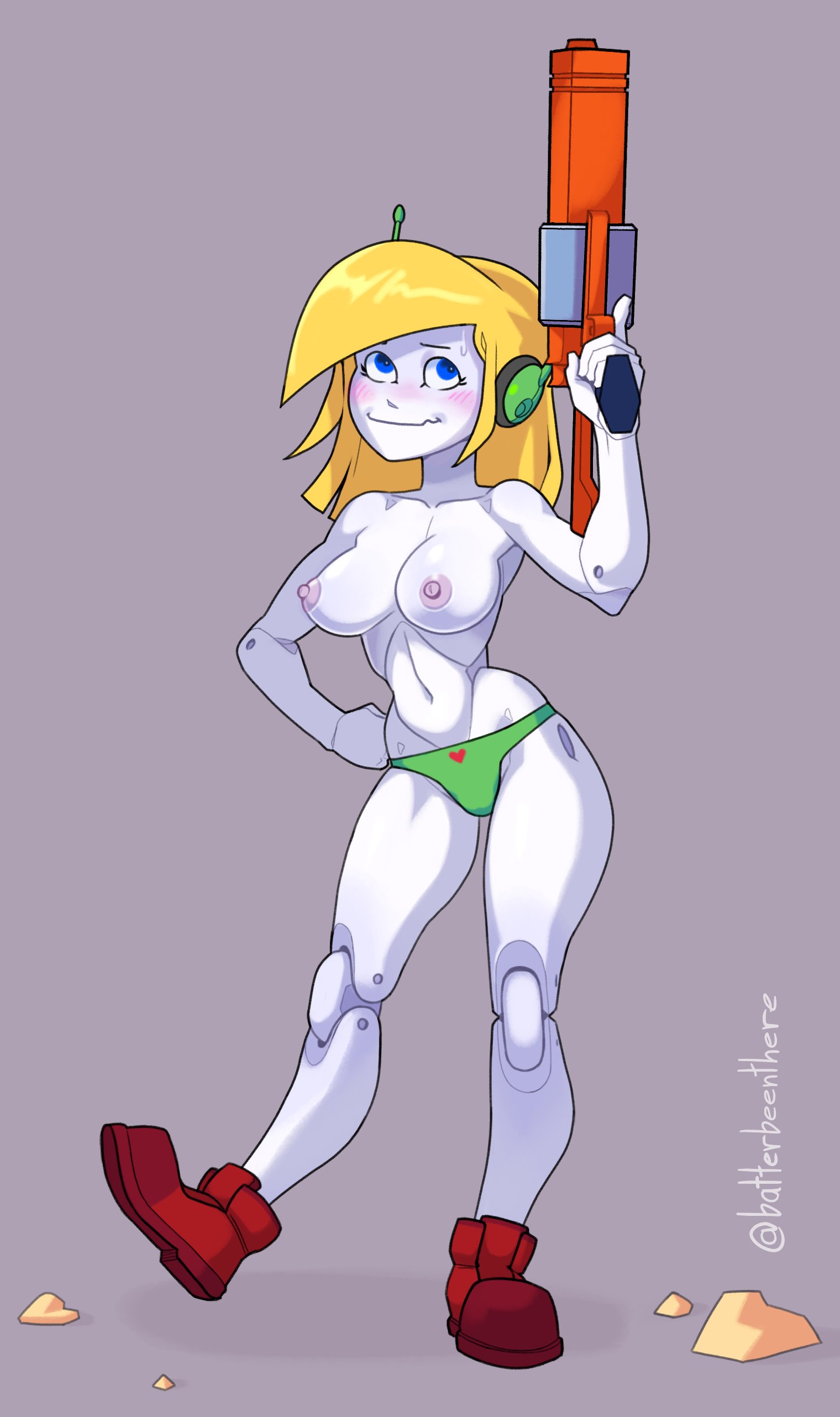 batterbee, blonde hair, blue eyes, blush, boots, breasts, canon panties, cave story, curly brace, curly's panties, female, full body, green panties, grey background, gun, hand on hip, headphones, holding weapon, large breasts, looking up, midriff, panties, pose, robot, robot girl, simple background, standing, topless, trigger discipline, weapon, white skin