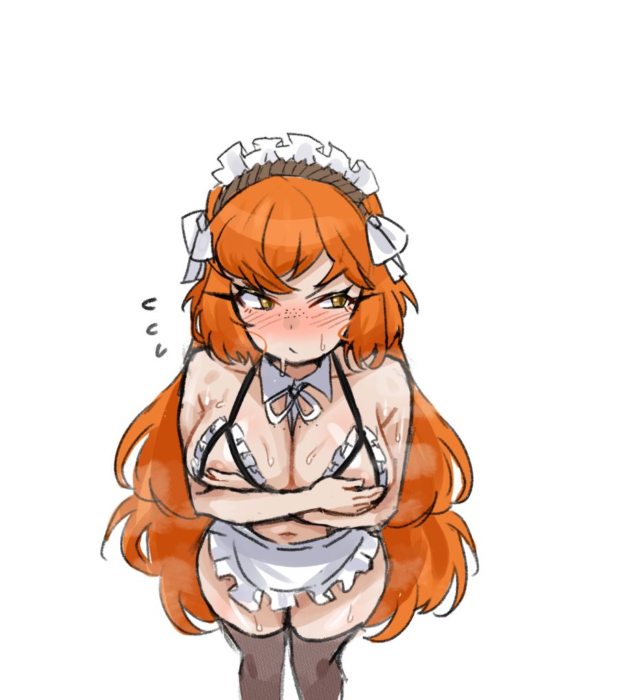 alternate costume, apron, averting eyes, bikini, black thighhighs, blush, bow, breasts, cat nip, catnip scent, cleavage, covering breasts, covering privates, detached collar, female, freckles, frilled apron, frilled bikini, frills, hairbow, ishmael (limbus company), ishmael (project moon), large breasts, limbus company, long hair, maid, maid bikini, maid headdress, navel, orange hair, project moon, see-through bikini, see-through clothes, simple background, solo, standing, sweat, swimsuit, thighhighs, unconventional maid, upper body, waist apron, white apron, white background, white bow, yellow eyes