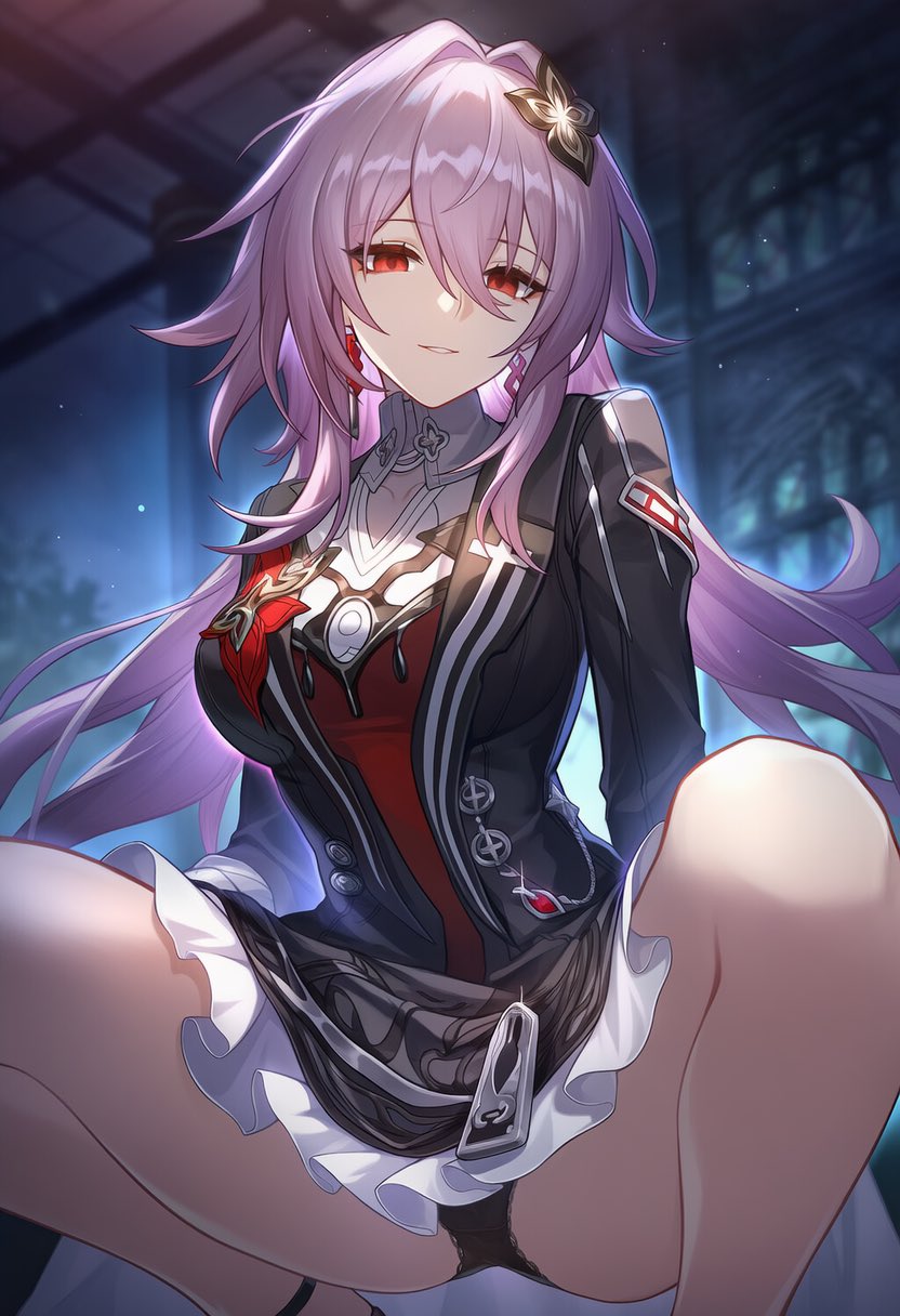 1girls, ai generated, black underwear, evernight (honkai: star rail), female, honkai: star rail, hoyoverse, jiku22, long hair, march 7th (honkai: star rail), mihoyo, pink hair, red eyes, squatting, underwear, upskirt