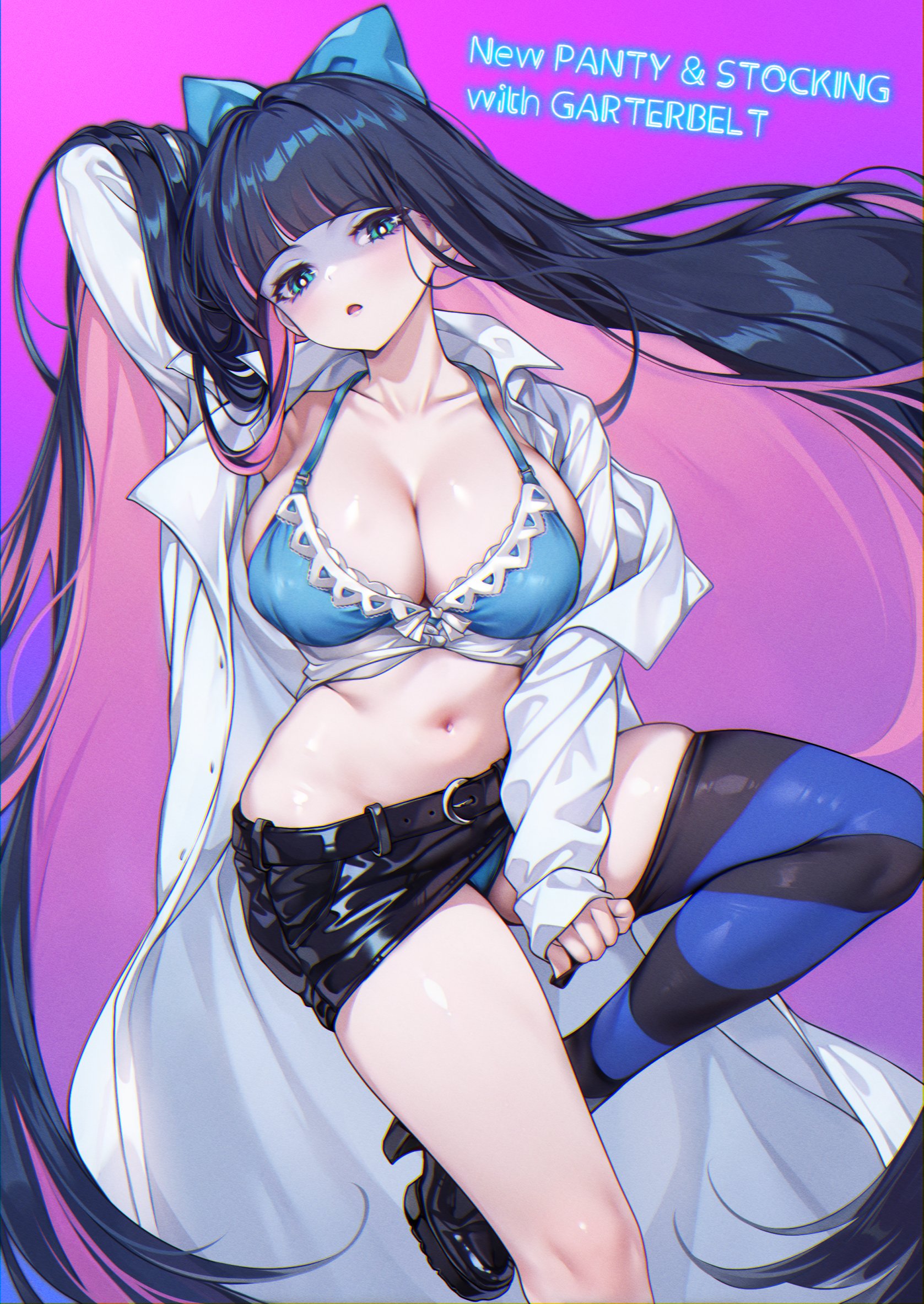 belt, belted skirt, beltskirt, black hair, black miniskirt, blue eyes, bra, breasts, cleavage, coat, emotionless, emotionless female, female, female only, hand on head, high heels, indifference, indifferent, large breasts, leather skirt, long hair, looking at viewer, miniskirt, panties, panty & stocking with garterbelt, pink hair, ribbon, shashaki, short skirt, skirt, stocking anarchy, stockings, tagme, text, unbothered, uncaring female, undressing, voluptuous, wide hips