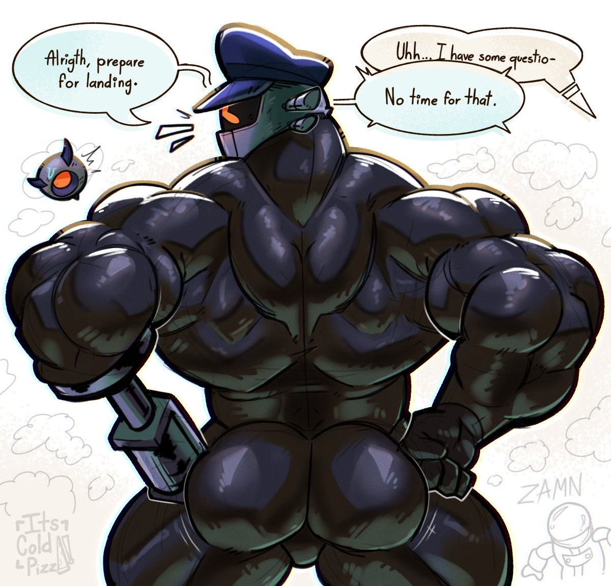 1boy, 2025, ass, bara, big ass, big butt, black body, black skin, bubble ass, bubble butt, captain (risk of rain), gay, hand on hip, helmet, huge ass, huge butt, its coldpizzart, male, male only, masked, masked male, muscles, muscular, muscular male, nude, prosthetic, risk of rain, risk of rain 2, round ass, round butt, shiny skin, text, thick ass, thick butt, upper body, yaoi, zamn