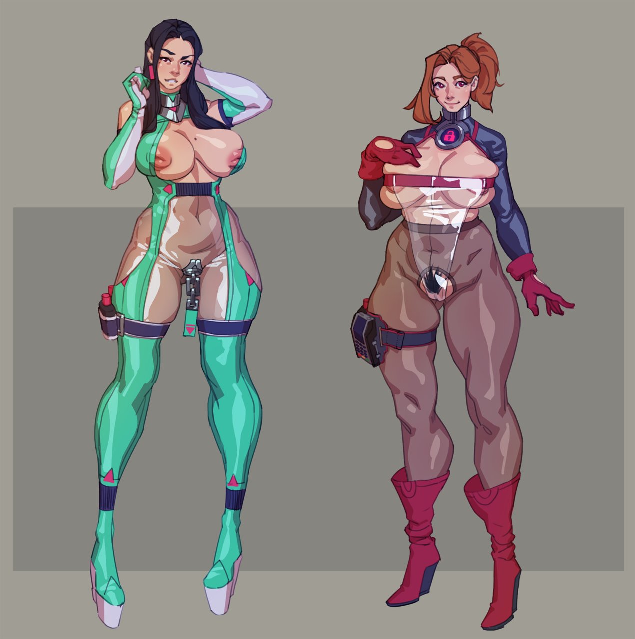 2girls, ass, barchode, breasts, cleavage, collar, cyberpunk, female, full body, huge breasts, multiple females, multiple girls, nipple slip, pantyhose, pink hair, prostitution, pubes, science fiction, see-through, skindentation, standing, thighhighs, underboob