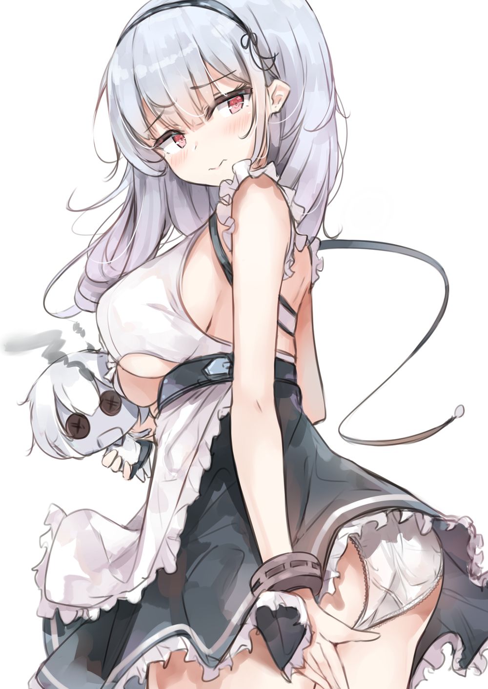 apron ass azur_lane blue_hair blush boobs_and_butt_pose breasts cleavage_cutout cowboy_shot dido_(azur_lane) eyebrows_visible_through_hair female female_only large_breasts maid_headdress maid_uniform panties pantsu qigas red_eyes solo_female underboob white_panties