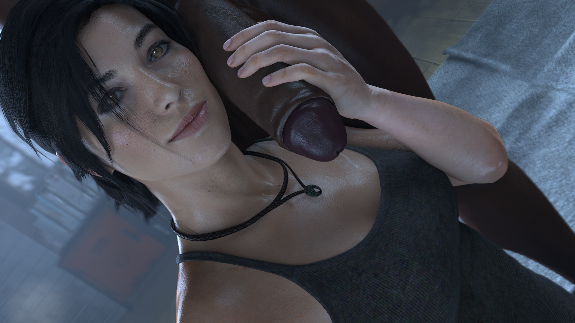 3d, big penis, cfnm, clothed female nude male, dark skin, dark-skinned male, female, holding penis, interracial, lara croft, lara croft (survivor), light skin, light-skinned female, looking at viewer, male, penis, precum, precum drip, sfm, smile, smiling at viewer, smug, source filmmaker, stephanie23, tomb raider, tomb raider (survivor)