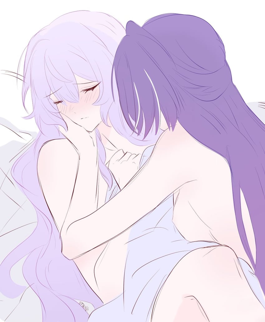 acheron (honkai: star rail), bed, bed sheet, bedroom sex, black swan (honkai: star rail), blue hair, blush, blushed face, blushing female, boobs out, breasts, breasts out, closed eyes, eyes, eyes closed, female, honkai: star rail, hoyoverse, lesbian couple, lesbian domination, lesbian focus, lesbian sex, purple hair, tits out, wlw, yuri