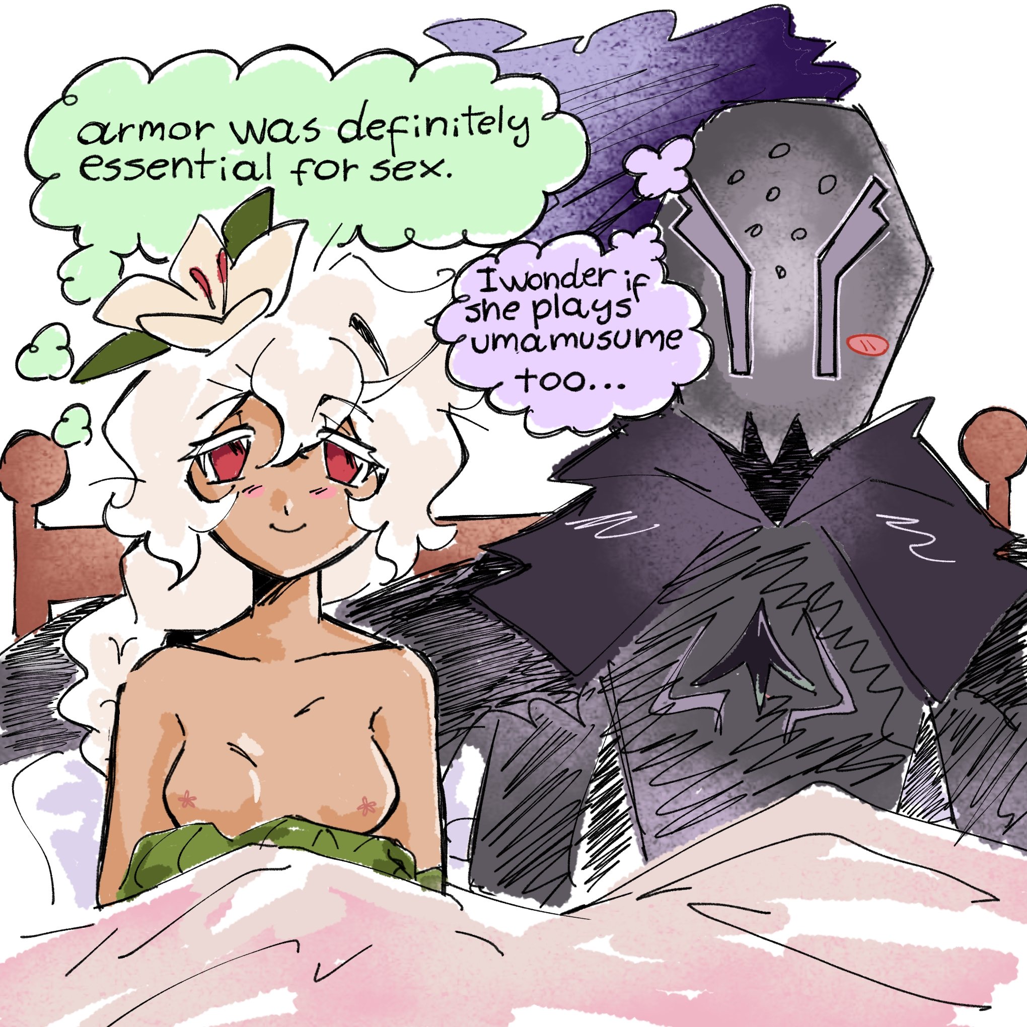 1boy, 1girls, after sex, armor, artist, boobs, braid, braided hair, braided ponytail, breasts, breasts out, cape, cookie run, cookie run kingdom, exposed breasts, female, flower, flower in hair, in bed, knight, knight armor, knight helmet, male, pink sheets, red eyes, ruigeneris, silent salt cookie, tan skin, thought bubble, thought bubbles, white hair, white lily cookie