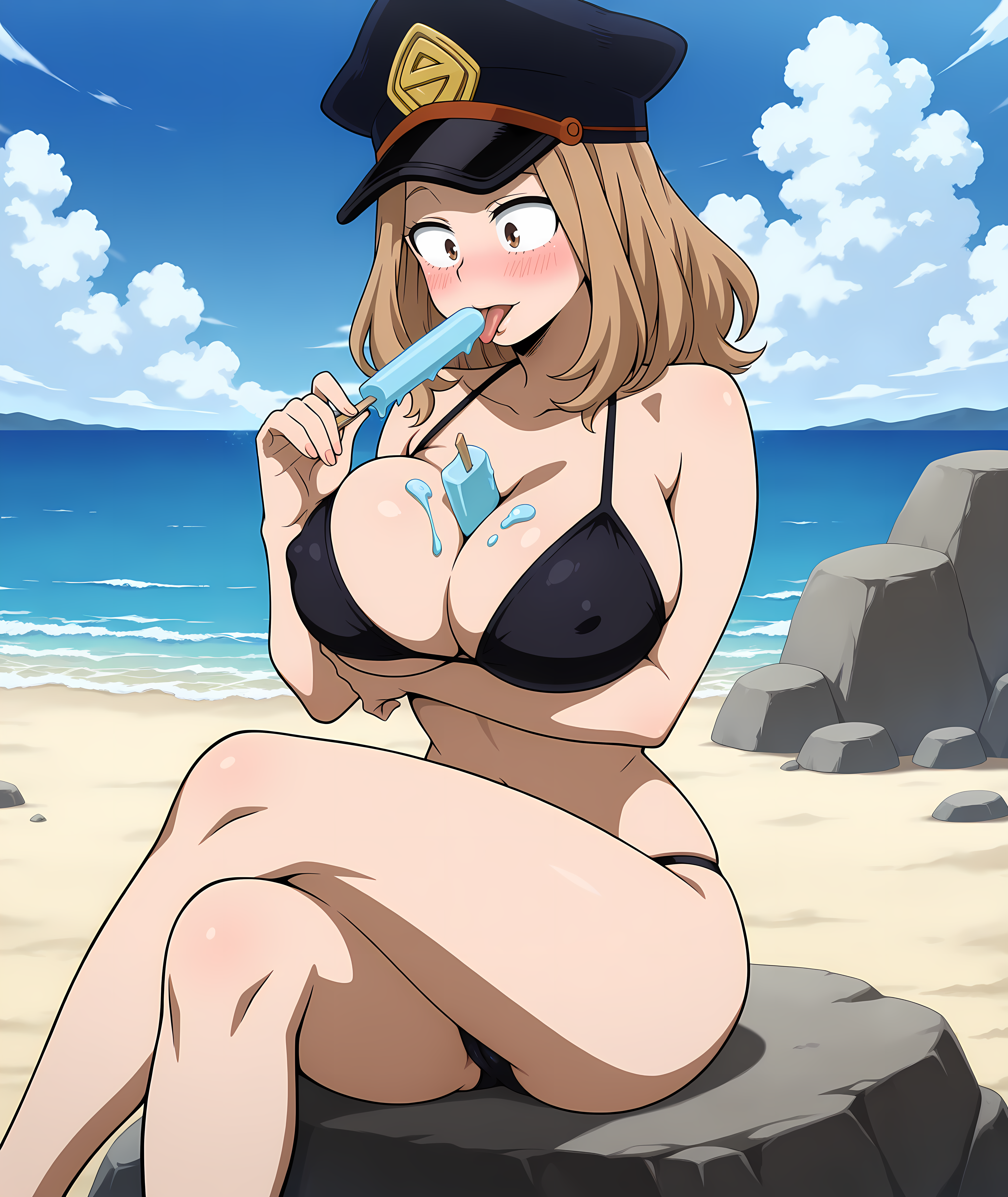 1girls, accurate art style, ai generated, beach, bikini, blonde hair, blonde-haired female, blush, boku no hero academia, breasts, camie utsushimi, female, female only, hat, huge breasts, ice cream, large breasts, my hero academia, utsushimi camie