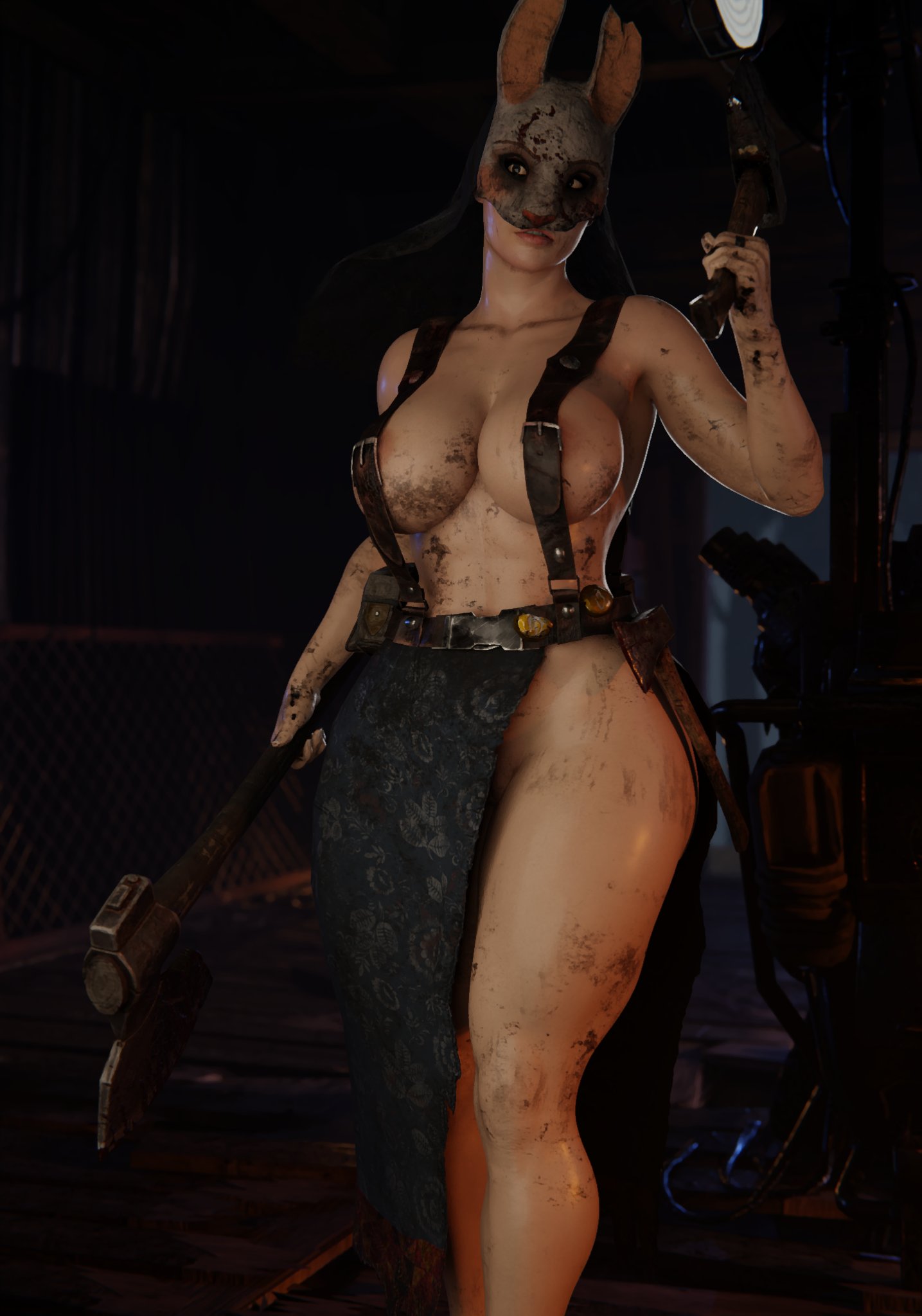 3d, axe, big breasts, blood on face, breasts, dead by daylight, female, female only, hatchet, holding weapon, huntress (dead by daylight), light-skinned female, masked female, partially clothed, solo, suspenders, tactical nudity, the huntress (dead by daylight), vensaku
