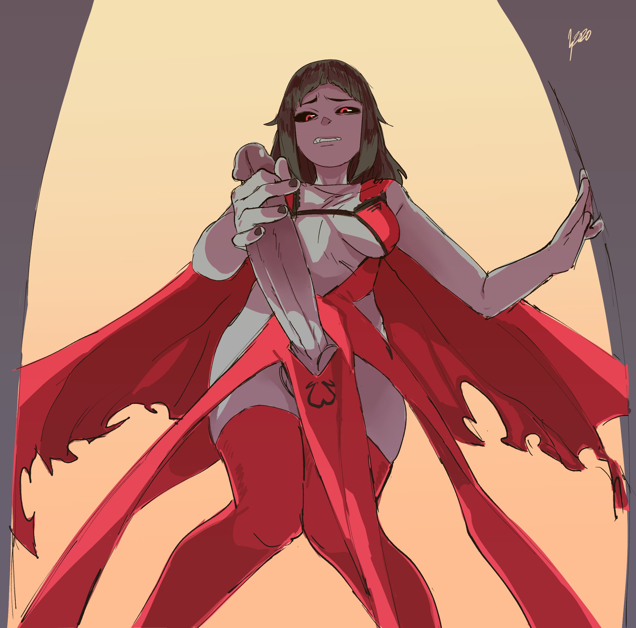 astral seven, big penis, black sclera, breasts, cape, cleavage, clenched teeth, from below, futanari, intersex, long hair, masturbation, medium breasts, penis, penis grab, red dress, red eyes, sketch, standing, thighhighs, vampire