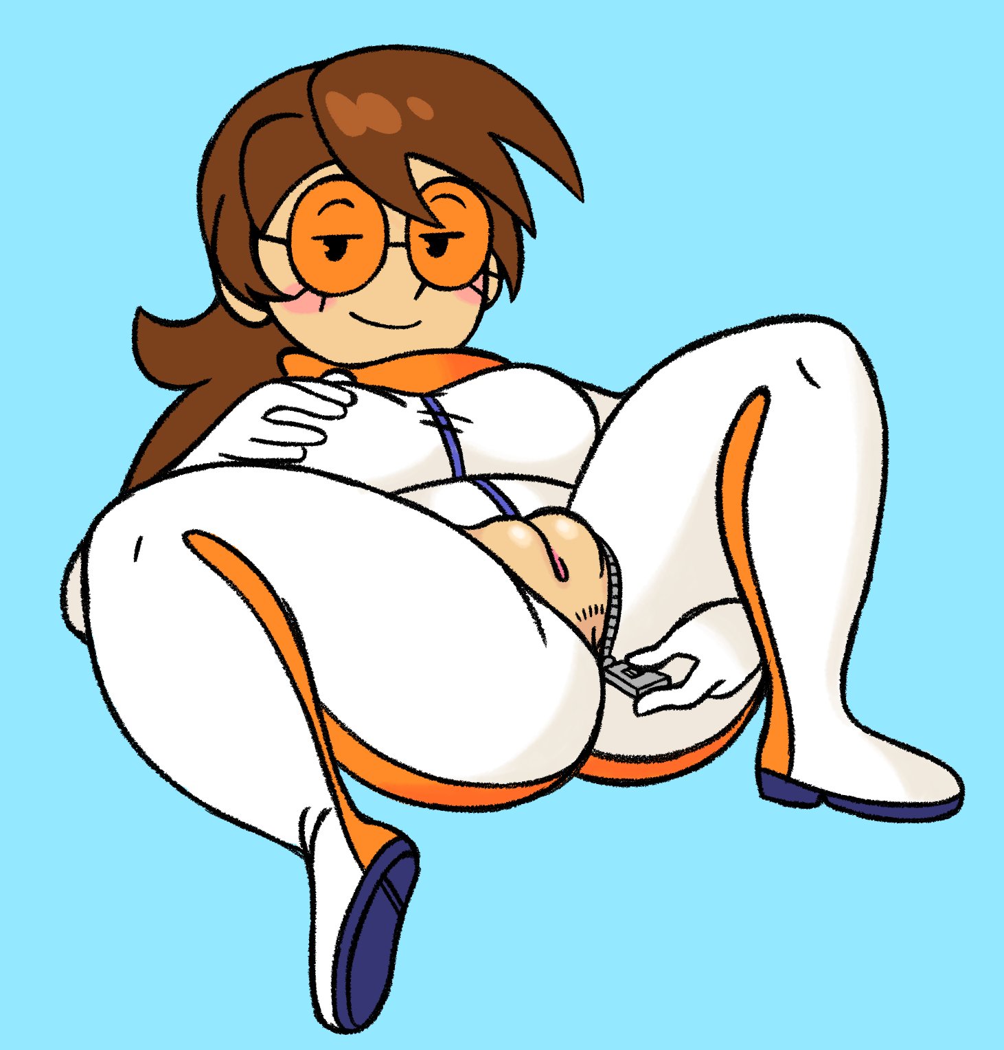 1girls, 2019, ass, bedroom eyes, blush, brown hair, cam (artist), female, female focus, female only, glasses, hair, highres, human, looking at viewer, mob face, on back, original, original character, presenting, presenting pussy, pubic hair, pussy, revealing pussy, solo, solo focus, suit, vagina, zipper, zipper pull tab