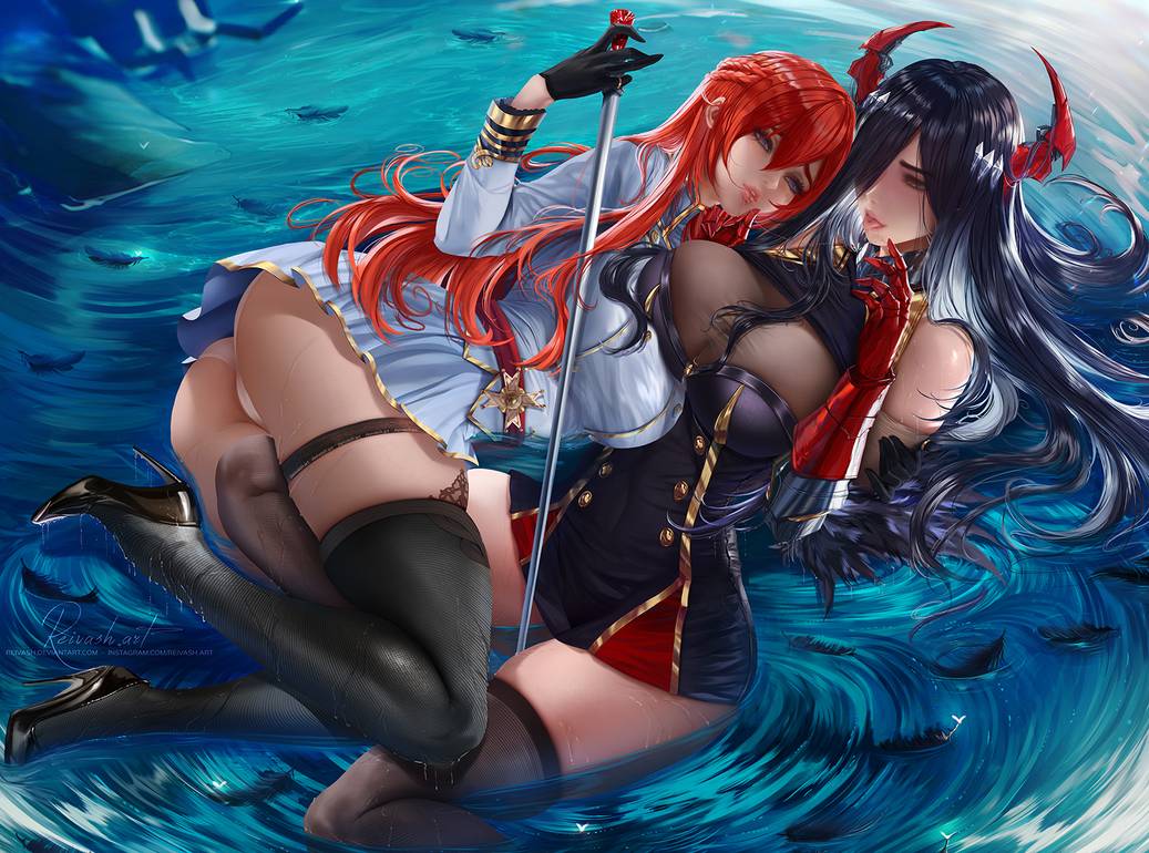 2girls ass azur_lane big_ass big_breasts black_hair blue_eyes breasts brown_eyes duo friedrich_der_grosse_(azur_lane) horns long_hair looking_at_another monarch_(azur_lane) multiple_girls orange_hair reivash stockings tight_clothing water