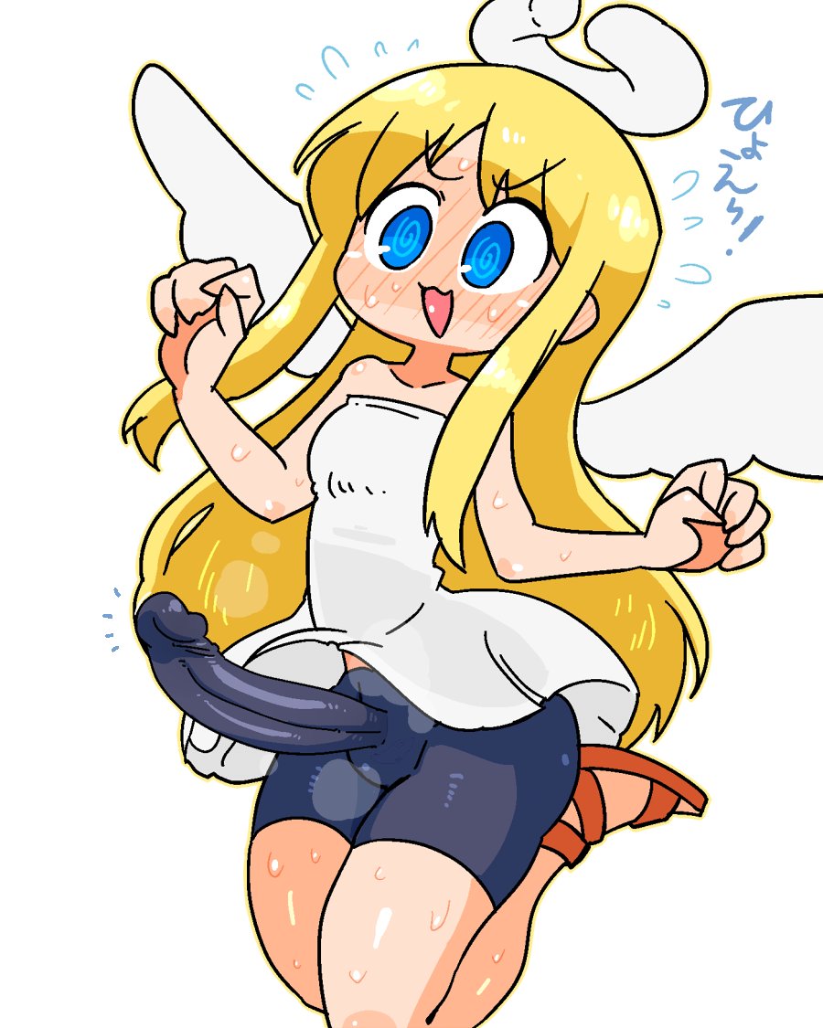 1futa, angel, angel wings, big penis, blonde hair, blue eyes, blush, clothed, clothing, crap-man, crimvael, dickgirl, embarrassed, erect penis, erection, erection under clothes, floating, fully clothed, futa only, futanari, heavy blush, humanoid, intersex, ishuzoku reviewers, latex, latex futa, light skin, light-skinned futa, long hair, open mouth, penis, penis under clothes, solo, solo futa, spiral eyes, white background
