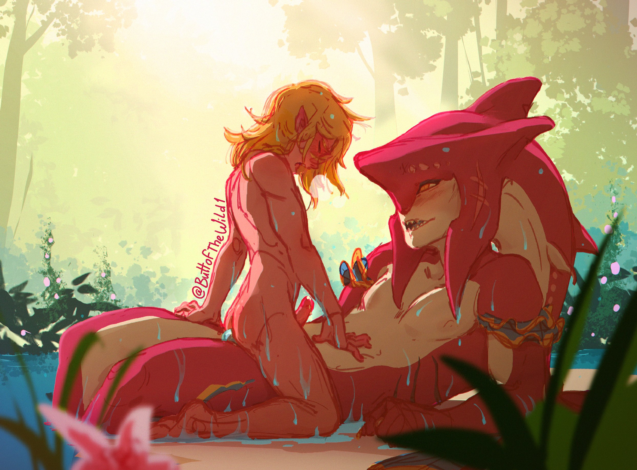 2boys, anal, anthro penetrating human, anthro penetrating humanoid, ass, bigger penetrating smaller, blonde hair, breath of the wild, buttofthewild, cowgirl position, female, forest, link, male, nude, outdoor sex, outdoors, penis, sex, sidon (zelda), size difference, sketch, the legend of zelda, water, wet, yaoi, zora