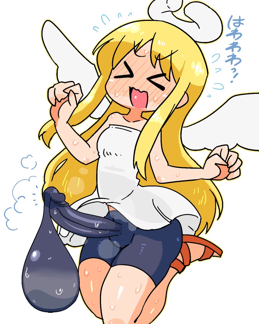 1futa, angel, angel wings, big penis, bike shorts, blonde hair, blue eyes, blush, clothed, clothing, condom, crap-man, crimvael, cum, cum in bike shorts, cum in clothes, embarrassed, erect penis, erection, erection under clothes, floating, full-package futa, fully clothed, futa only, futanari, girly, halo, heavy blush, humanoid, intersex, ishuzoku reviewers, latex, latex futa, light skin, light-skinned futa, long hair, open mouth, penis, penis under clothes, solo, solo futa, spiral eyes, white background