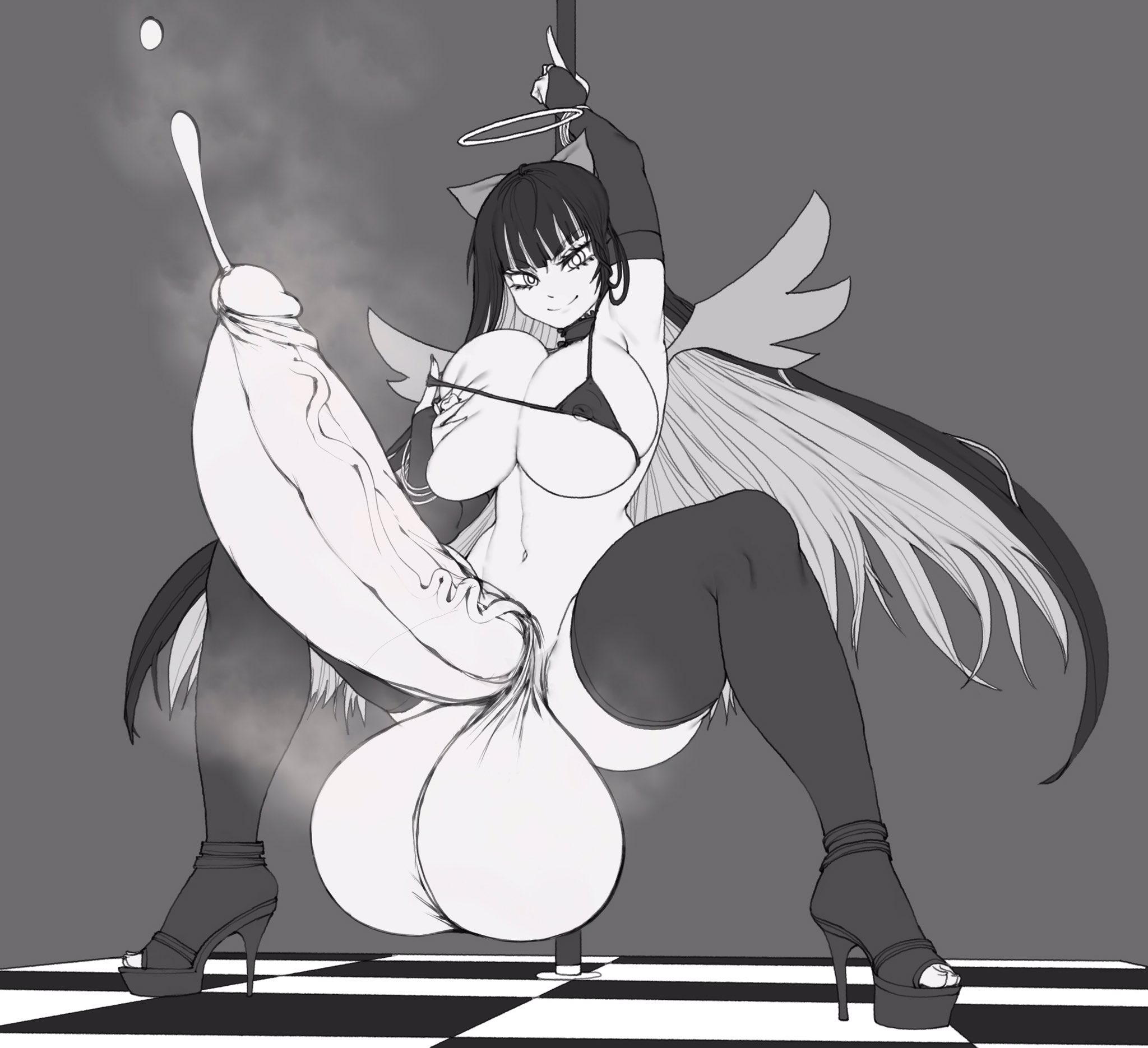 1futa, balls, breasts, cleavage, dickgirl, erection, futa only, futanari, greyscale, huge breasts, huge cock, hyper, hyper penis, intersex, looking at viewer, mostly nude, panty & stocking with garterbelt, partially clothed, penis, solo, spread legs, stocking anarchy, testicles, thegoldensmurf