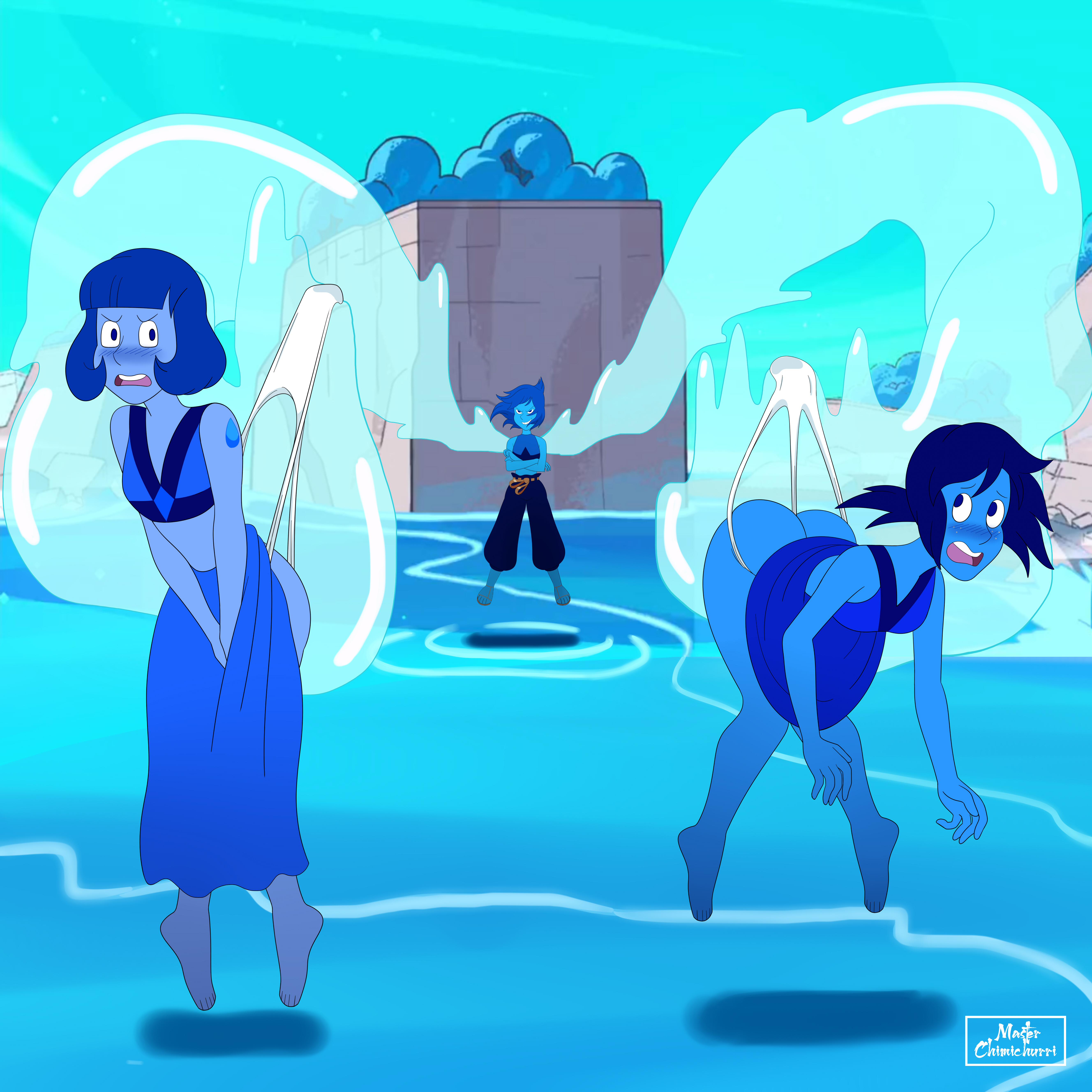 3girls, blue hair, blue skin, blush, cartoon network, female, lapis lazuli (steven universe), master chimichurri, mean lapis, multiple females, multiple girls, nice lapis, no shoes, panties, panty pull, steven universe, steven universe future, underwear, water, wedgie, white panties, why so blue? (steven universe future)