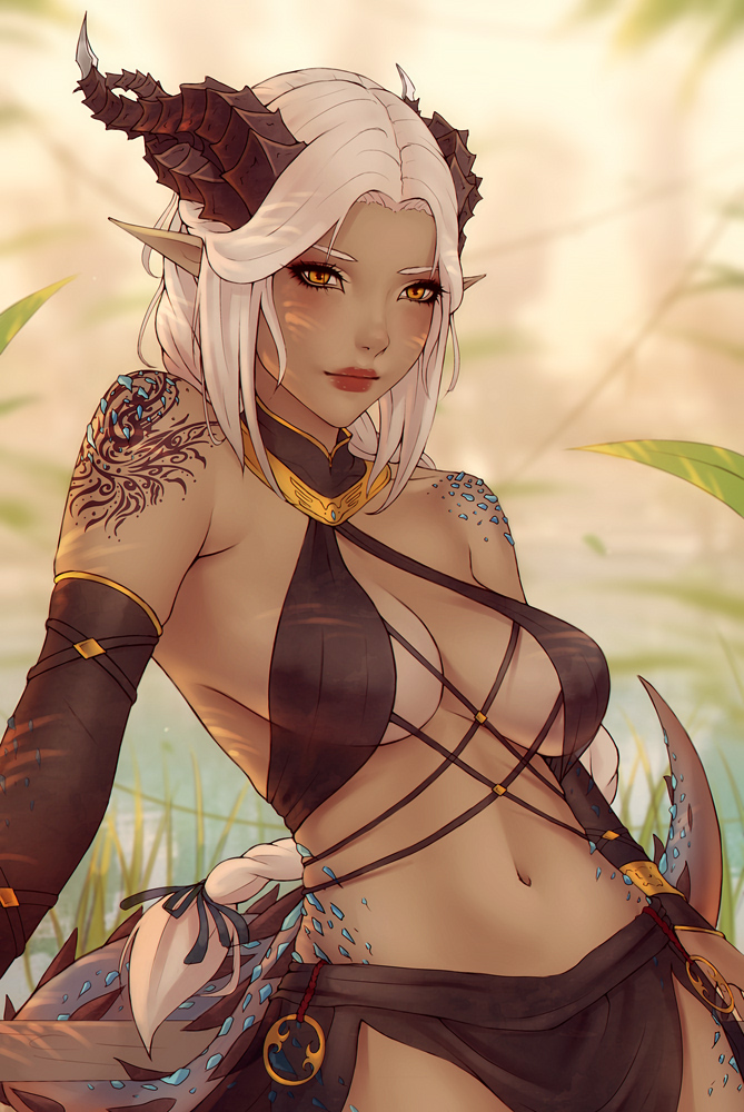 1girls, big breasts, breasts, cleavage, dragon girl, female, female only, horns, large breasts, solo, soranamae