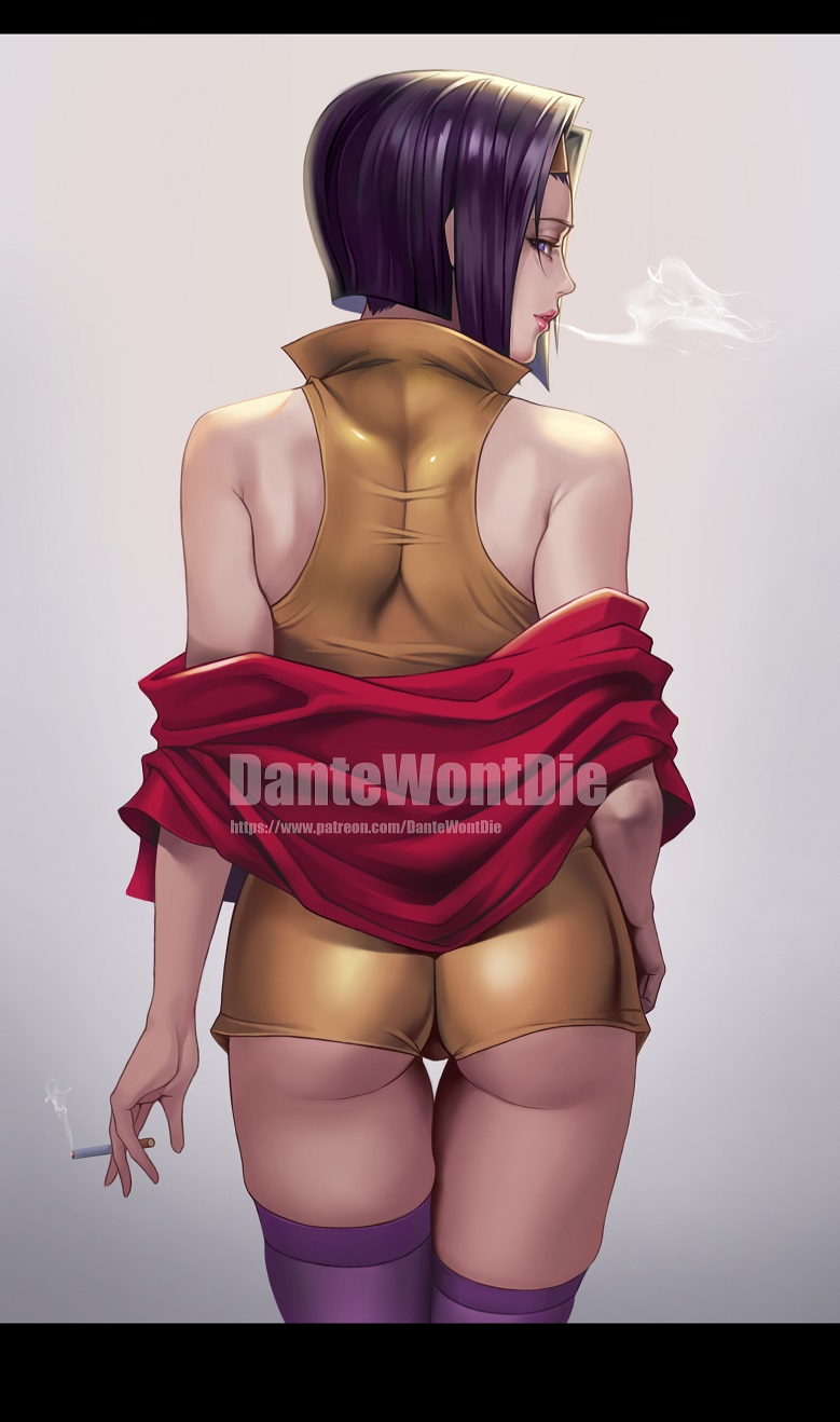 1girls ass bob_cut cigarette clothed cowboy_bebop dantewontdie dat_ass faye_valentine female female_only looking_at_viewer looking_back purple_eyes purple_hair short_hair smoking solo stockings thigh_gap tight_clothing