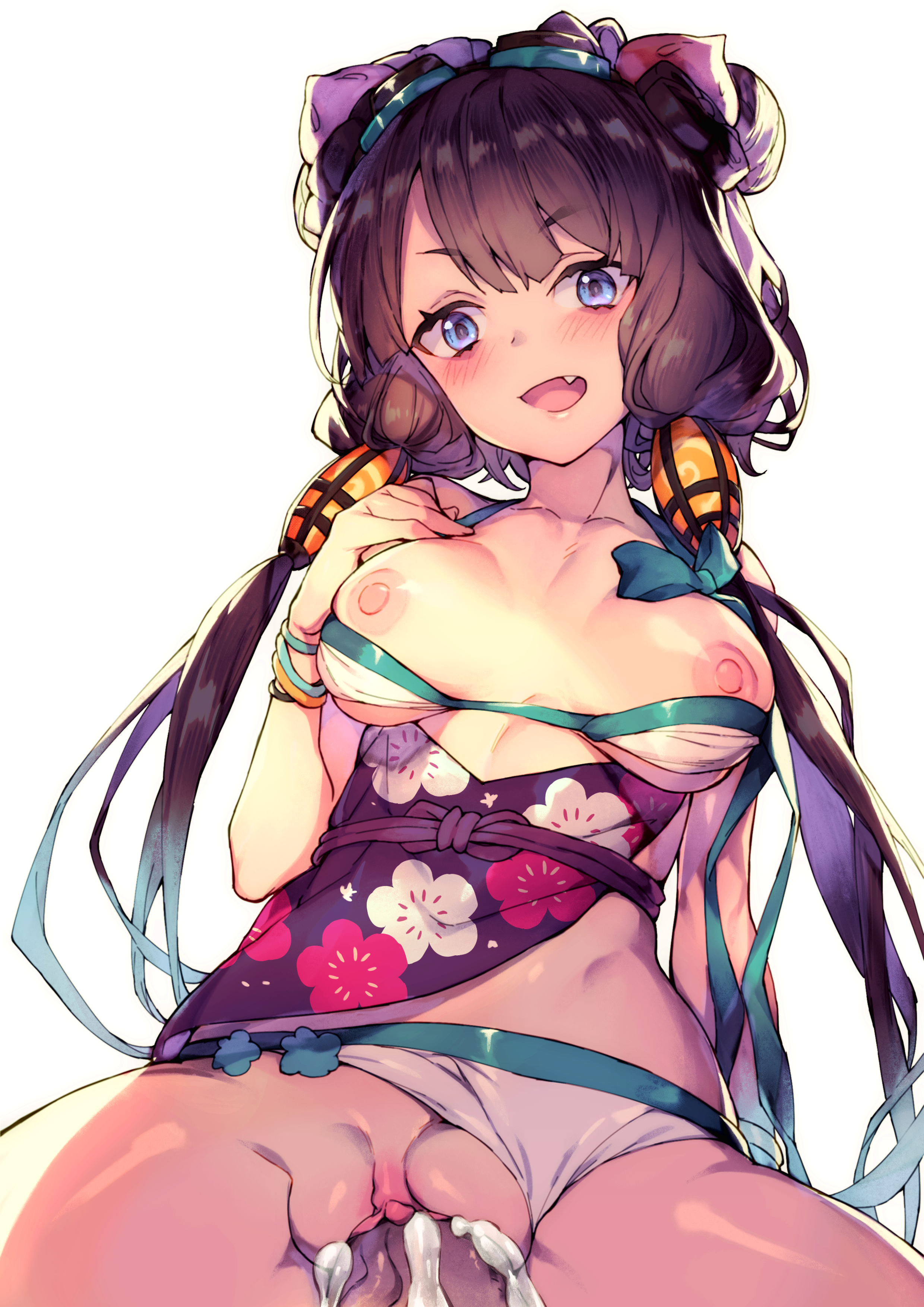 1boy, 1girls, blue eyes, breasts, breasts out, brown hair, cum, cum in pussy, cum inside, cute fang, duo, faceless male, fate (series), fate/grand order, female, female focus, hair ornament, katsushika hokusai (fate), male, p, panties, panties aside, penis, pussy, redcomet, solo focus, sports panties, straight, tagme