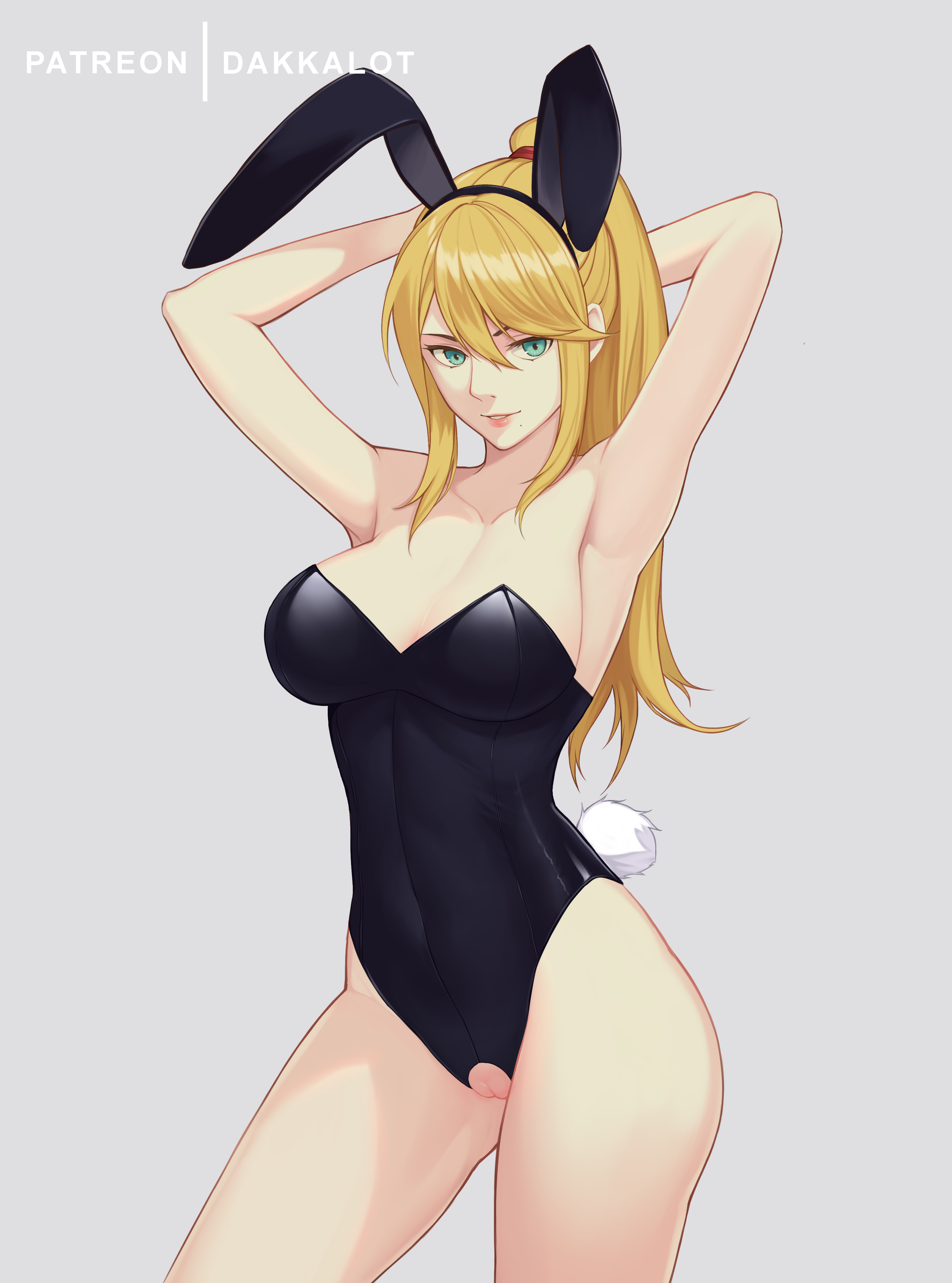 1girls, armpits, arms behind head, arms up, bangs, big breasts, blonde hair, blue eyes, breasts, breasts out, bunny ears, bunny tail, bunnysuit, busty, cleavage, clothing, curvy, dakkalot, digital media (artwork), exposed, exposed pussy, eye contact, fake animal ears, female, female focus, female only, hair ribbon, highres, large breasts, light skin, long hair, looking at viewer, metroid, nintendo, no panties, ponytail, pose, posing, presenting, pussy, samus aran, simple background, smile, solo, solo focus, suit, thick thighs, thighs, tight clothing