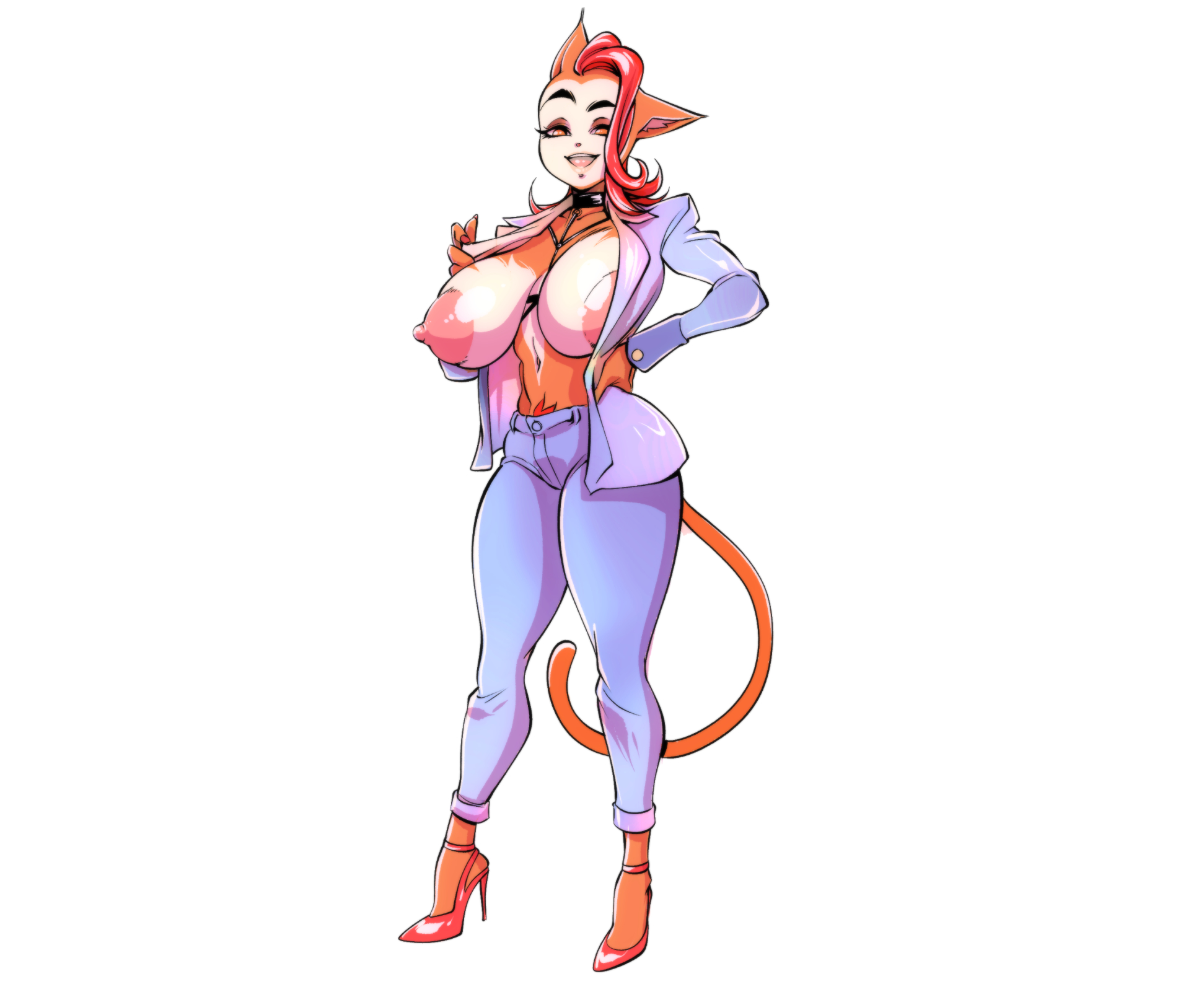 animal ear fluff, areolae, balak, breasts, cat ears, cat girl, clothed, collar, female, full body, fur, furry, high heels, large areolae, large nipples, looking at viewer, mohawk, monique pussycat, navel, no bra, official art, open clothes, pants, pubic hair, pubic hair peek, pubic tuft, raised eyebrow, red eyes, red hair, sagging breasts, solo, stiletto heels, suit, super fuck friends, very high heels