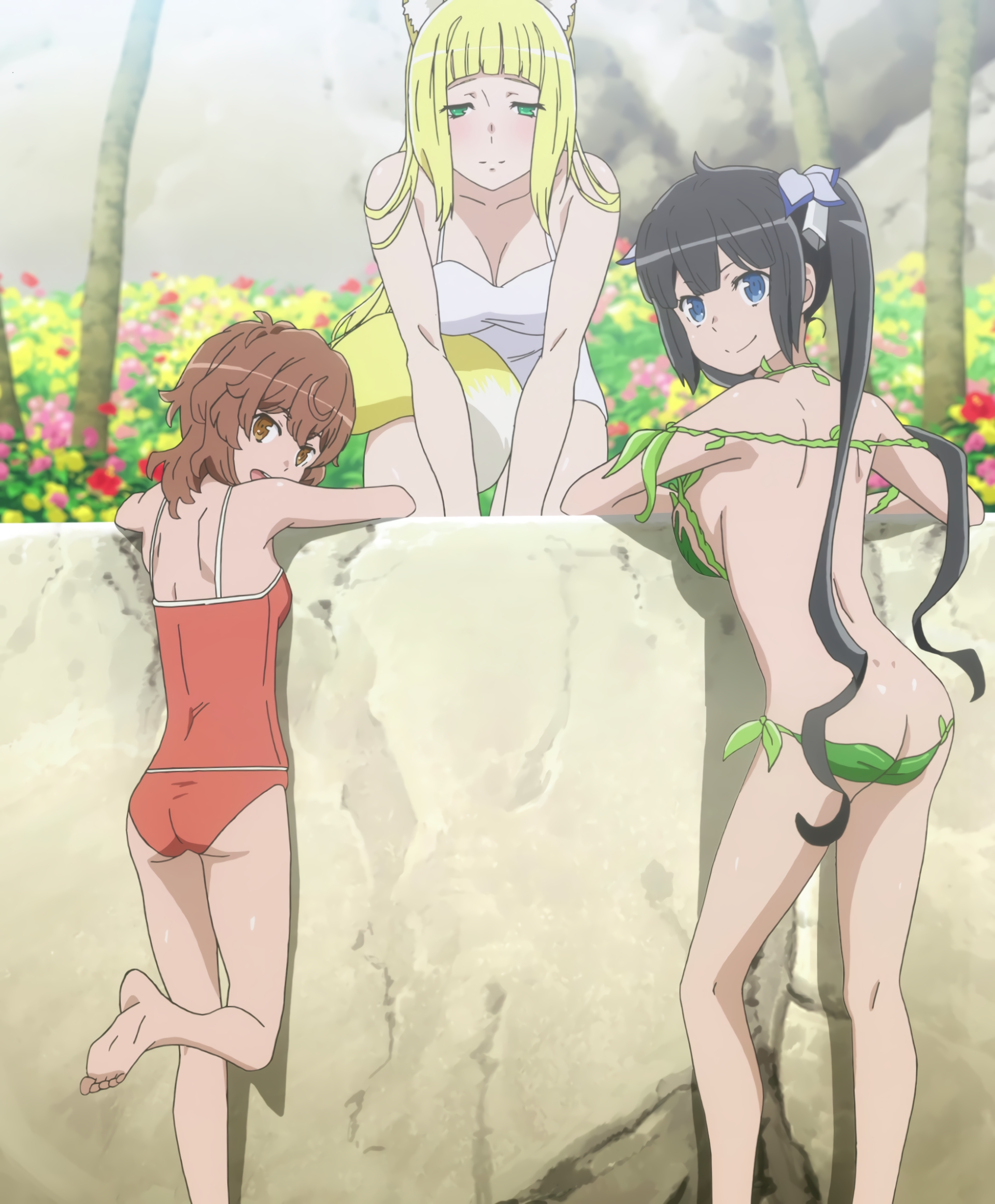 3girls, ass, back, bikini, black hair, blonde hair, blue eyes, bra, breasts, brown hair, dungeon ni deai wo motomeru no wa machigatteiru darou ka, female, fox ears, fox tail, green eyes, hestia (danmachi), large breasts, leaf bikini, liliruca arde, looking at viewer, looking back, panties, sanjouno haruhime, screencap, sideboob, smile, standing, stitched, summer, swimsuit, twintails