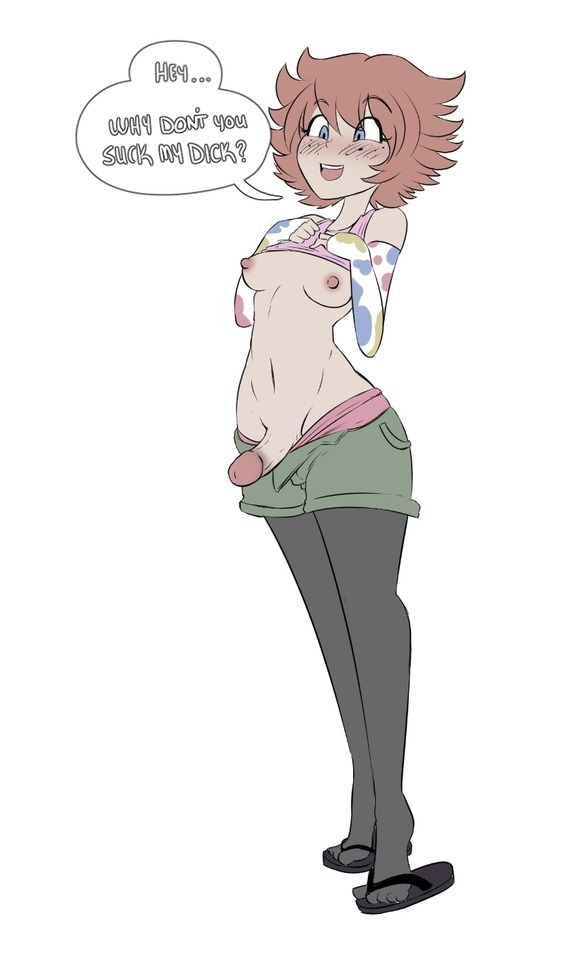 1futa blue_eyes blush breasts clothed clothing dialogue english_text erection functionally_nude futa_only futanari human human_only inviting leggings pants_down pedverse sandals shirt_lift shirt_up short_shorts shorts speech_bubble text white_background