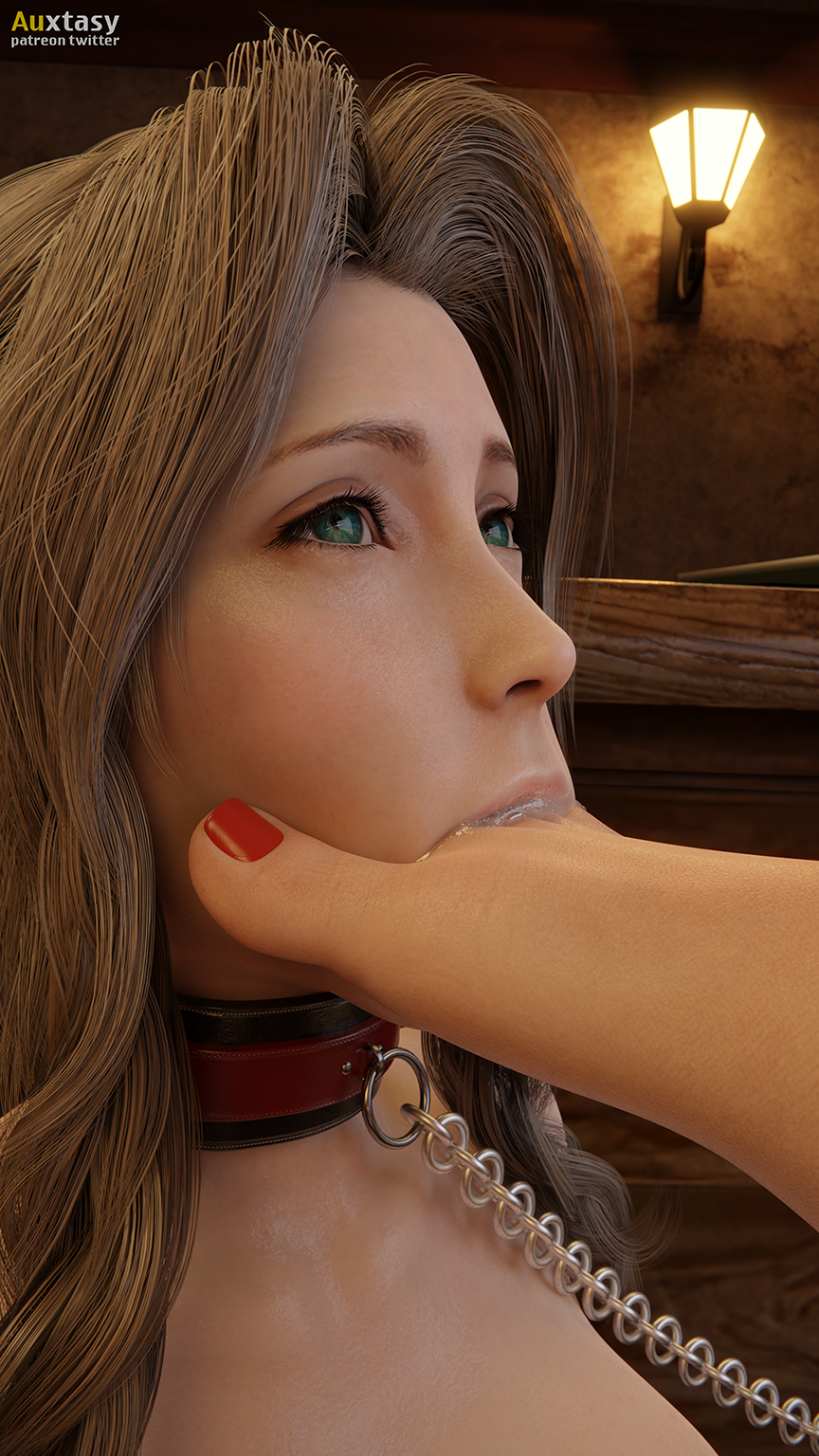 2girls, 3d, aerith gainsborough, armbinder, auxtasy, barefoot, bdsm, bdsm gear, blender, closeup, feet, female, femdom, final fantasy, final fantasy vii, final fantasy vii remake, foot fetish, green eyes, lesbian, mistress, monoglove, nail polish, red nails, red toenails, saliva, sucking, sucking toes, yuri