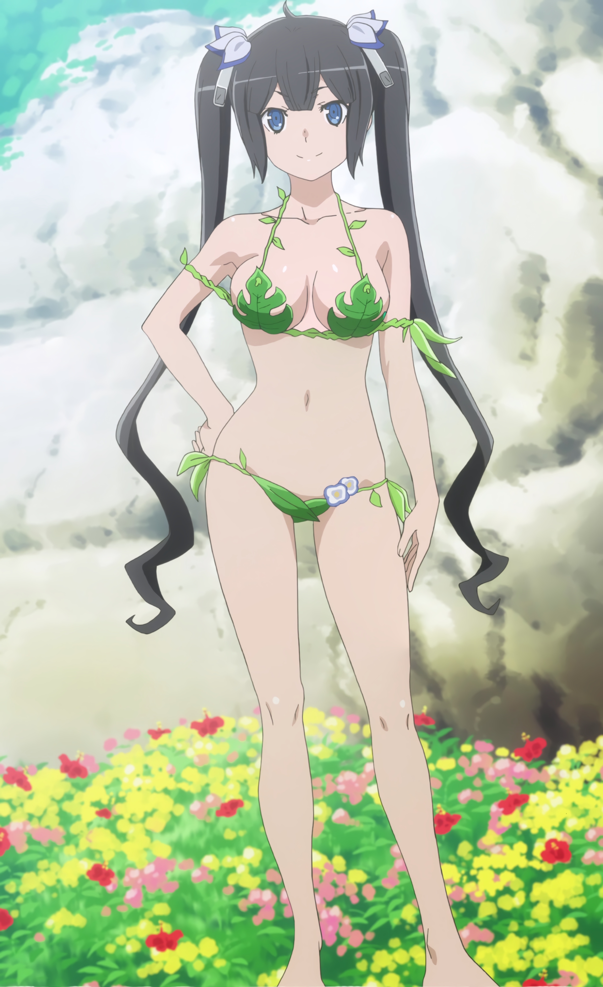 1girls, bikini, black hair, blue eyes, bra, breasts, dungeon ni deai wo motomeru no wa machigatteiru darou ka, female, flower, hestia (danmachi), large breasts, leaf bikini, looking at viewer, panties, screencap, smile, solo, standing, stitched, summer, twintails