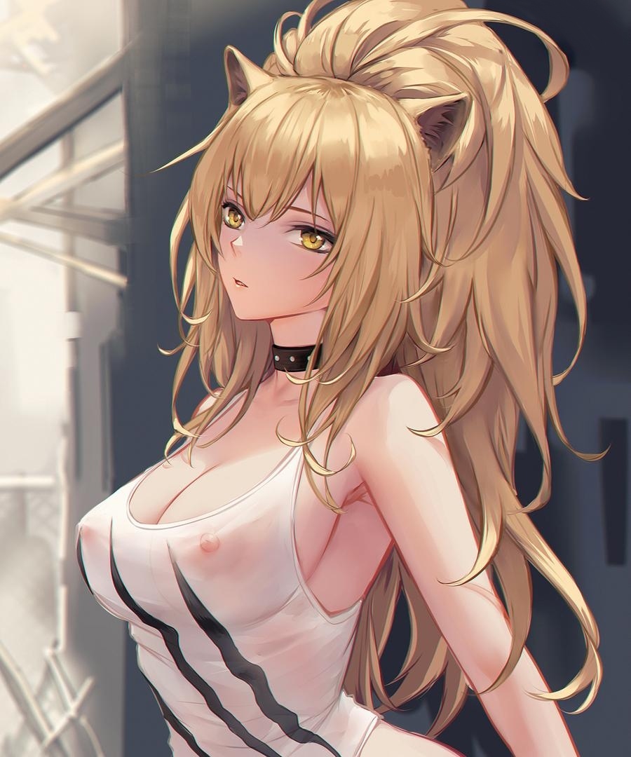 1girls, areolae, arknights, bare arms, bare shoulders, big breasts, breasts, chihunhentai, choker, female, female only, long hair, looking at viewer, neko, nipples, pony tail, ponytail, siege (arknights), solo, solo female
