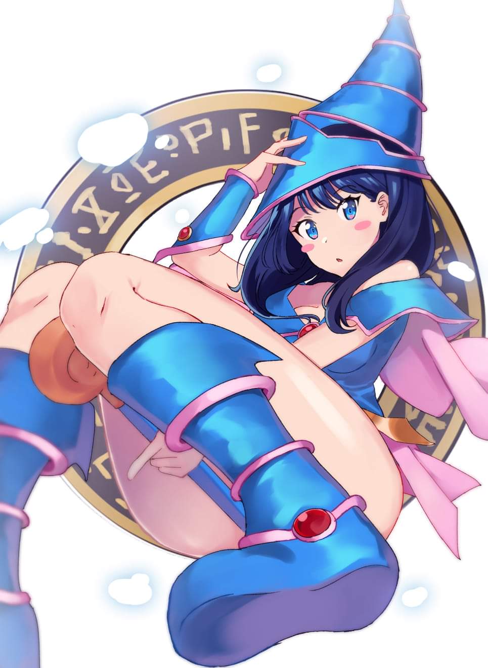 black hair, blue eyes, blush, cosplay, dark magician girl, female, ssss.gridman, takarada rikka, yu-gi-oh!