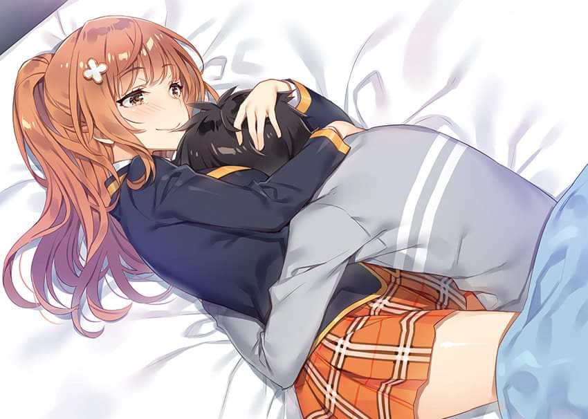 1boy 1girls bed bed_sheet breast_smother couple cuddling face_in_breasts female hair_ornament hand_on_head hug hugging jun_miyakawa kai_nakamura laying_on_bed male mmu orange_hair orange_skirt ore_no_onna_tomodachi_ga_saikou school_uniform smile wholesome