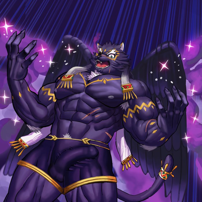 1:1 abs anthro armpit_hair body_hair bottomwear bulge clothed clothing english_text felid furry genital_outline grau39 male male_only mammal muscular muscular_male nipples pantherine pecs penis_outline scar shorts text tezcatlipoca tokyo_afterschool_summoners topless video_games wings