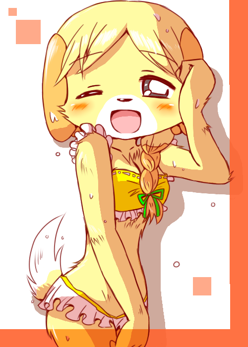 animal_crossing animal_crossing_new_leaf anthro canid canine cleavage clothing covering_navel domestic_dog female isabelle_(animal_crossing) nintendo noruu shih_tzu solo swimsuit tagme wet wet_fur