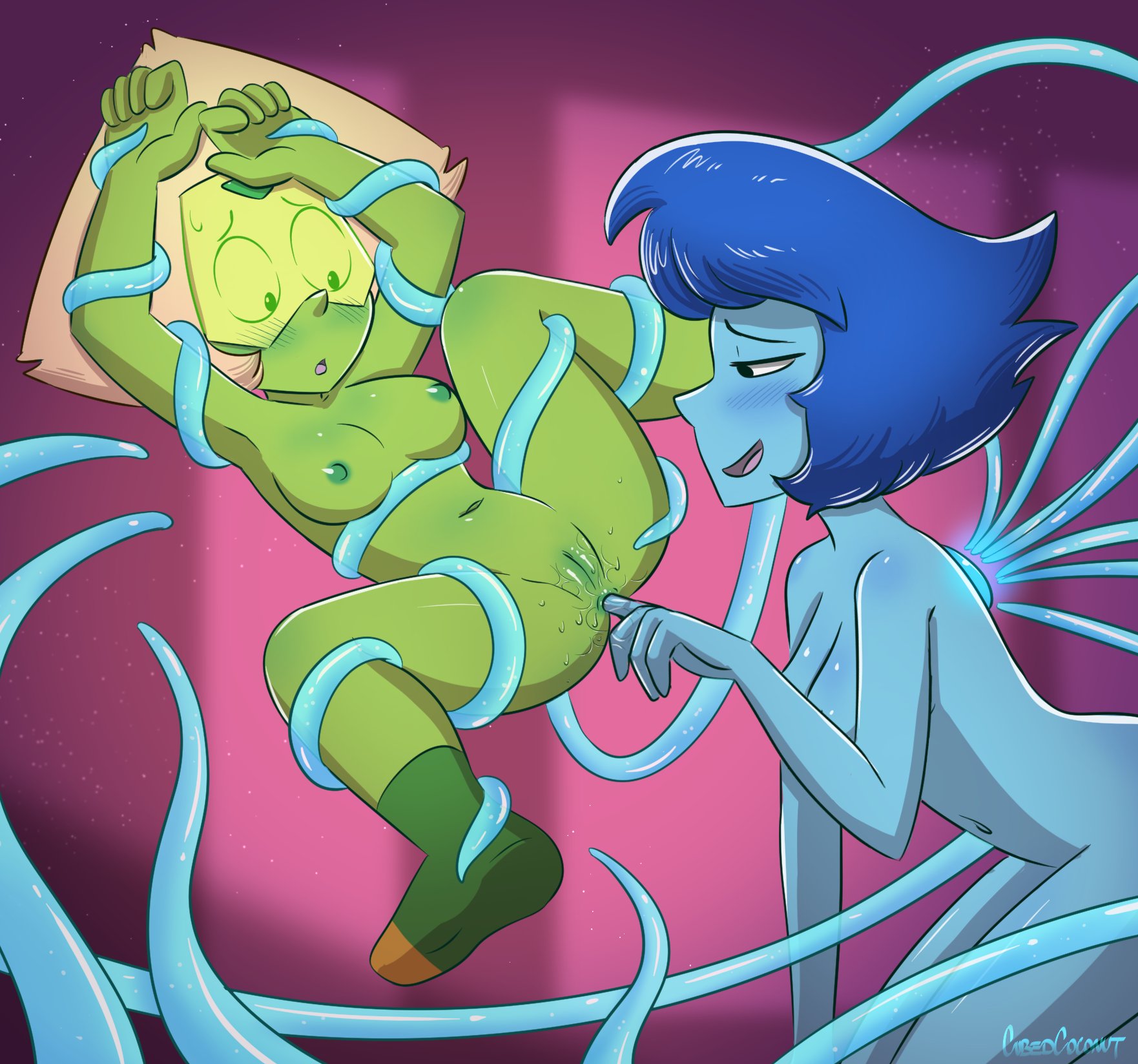 2girls, anal, anal fingering, anus, armpits, blue hair, blue skin, blush, bondage, breasts, cartoon network, cubedcoconut, duo, female, female only, femdom, femsub, gem (species), green skin, lapis lazuli (steven universe), lezdom, multiple females, multiple girls, nipples, nude, peridot (steven universe), pussy, slit, socks, steven universe, tentacles, yuri