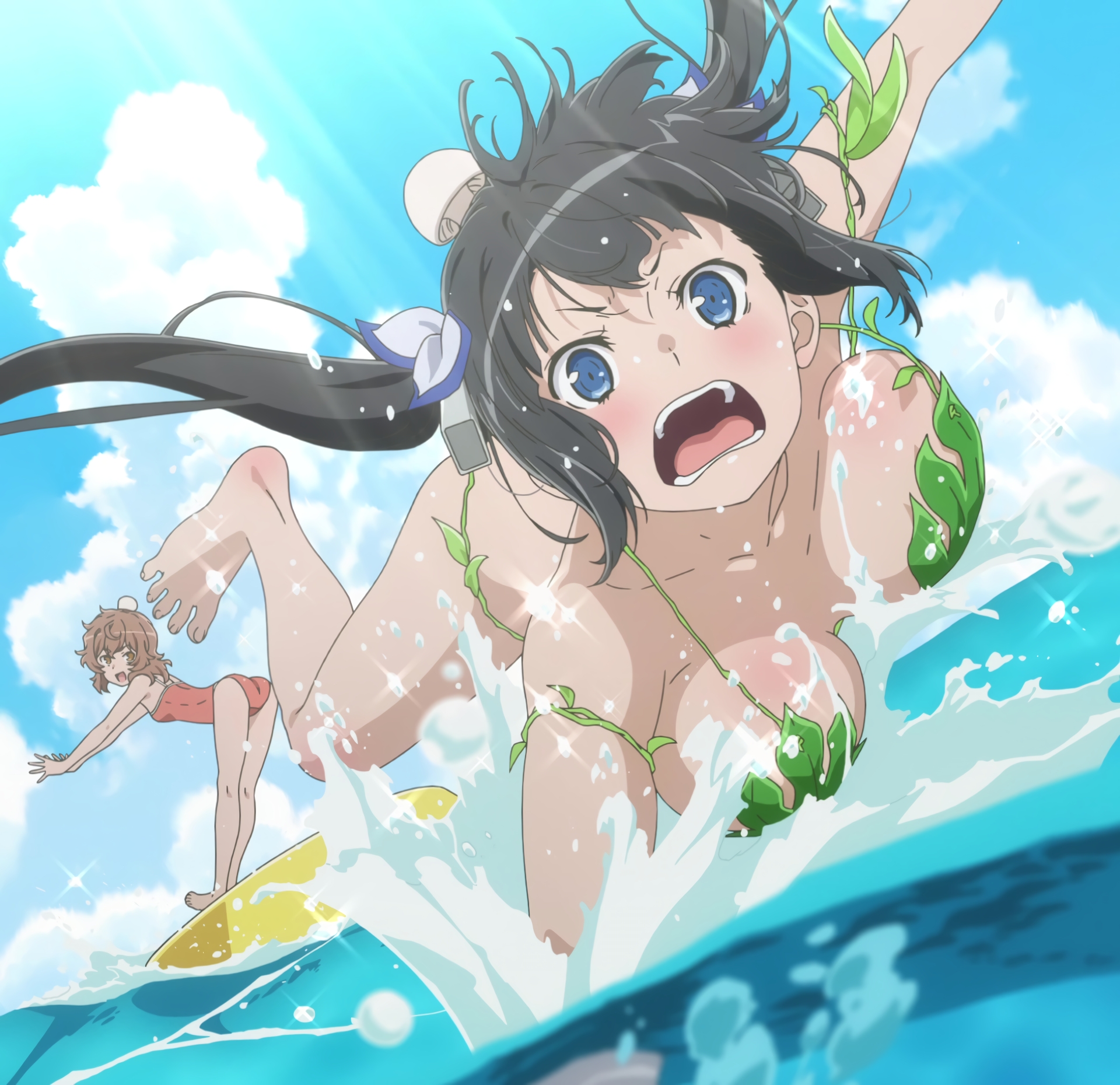2girls, ass, bikini, black hair, blue eyes, bra, breasts, conscious, dungeon ni deai wo motomeru no wa machigatteiru darou ka, female, hestia (danmachi), large breasts, leaf bikini, liliruca arde, panties, screencap, stitched, summer, water