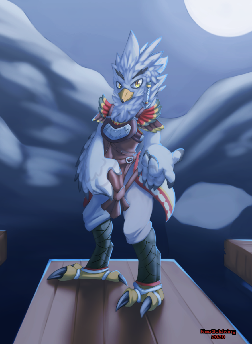 2020 anthro avian beak biped bird bottomwear breath_of_the_wild bulge claws clothed clothing erection feathers fingers genitals hi_res male male_only neothedragon nintendo penis rito smile solo standing teba_(tloz) the_legend_of_zelda topwear video_games