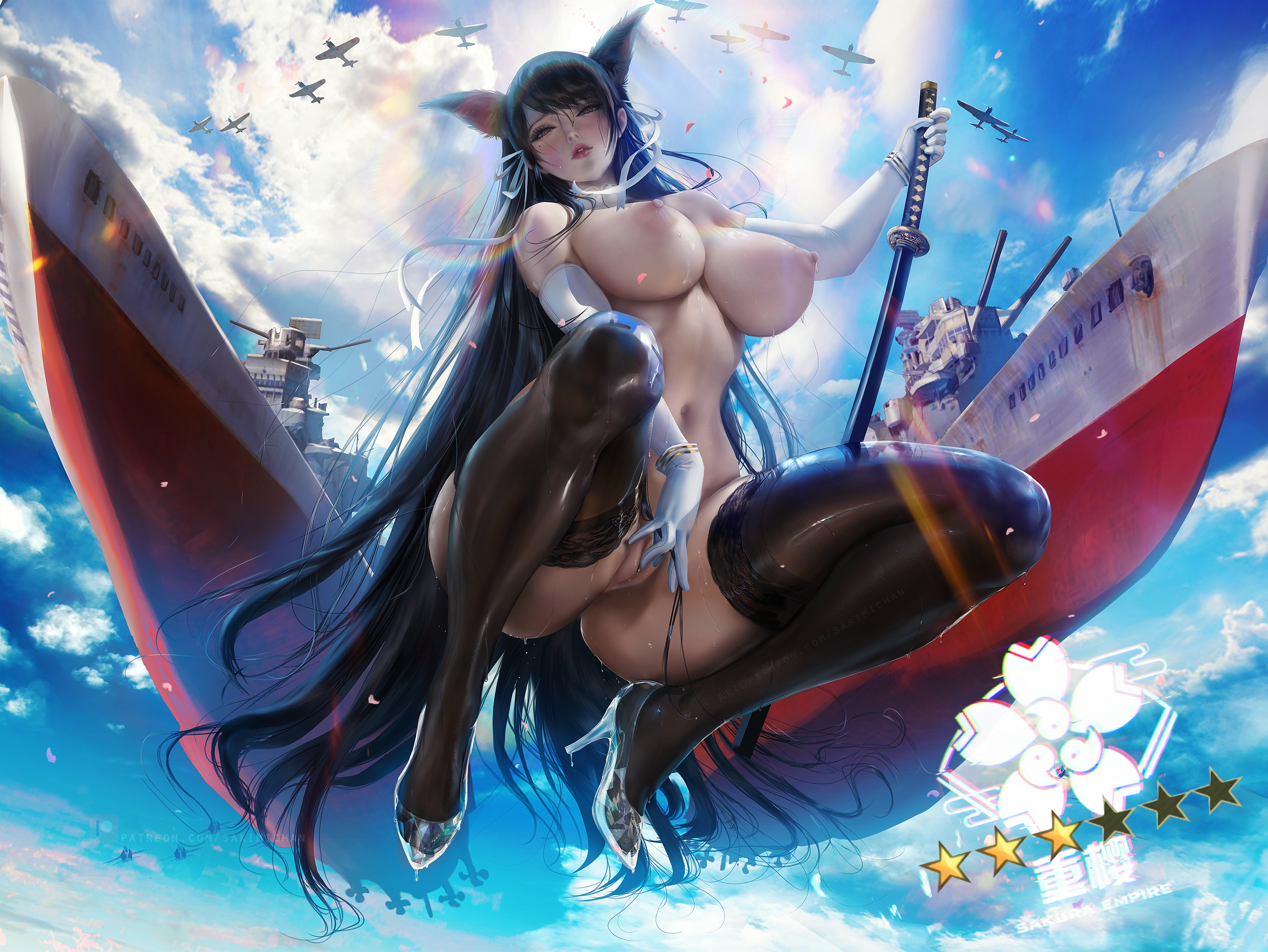 1girls, absurd res, airplane, atago (azur lane), azur lane, black hair, breasts, brown eyes, elbow gloves, female, gloves, high heels, highres, huge breasts, levitation, lips, long hair, looking at viewer, sakimichan, tagme, white gloves