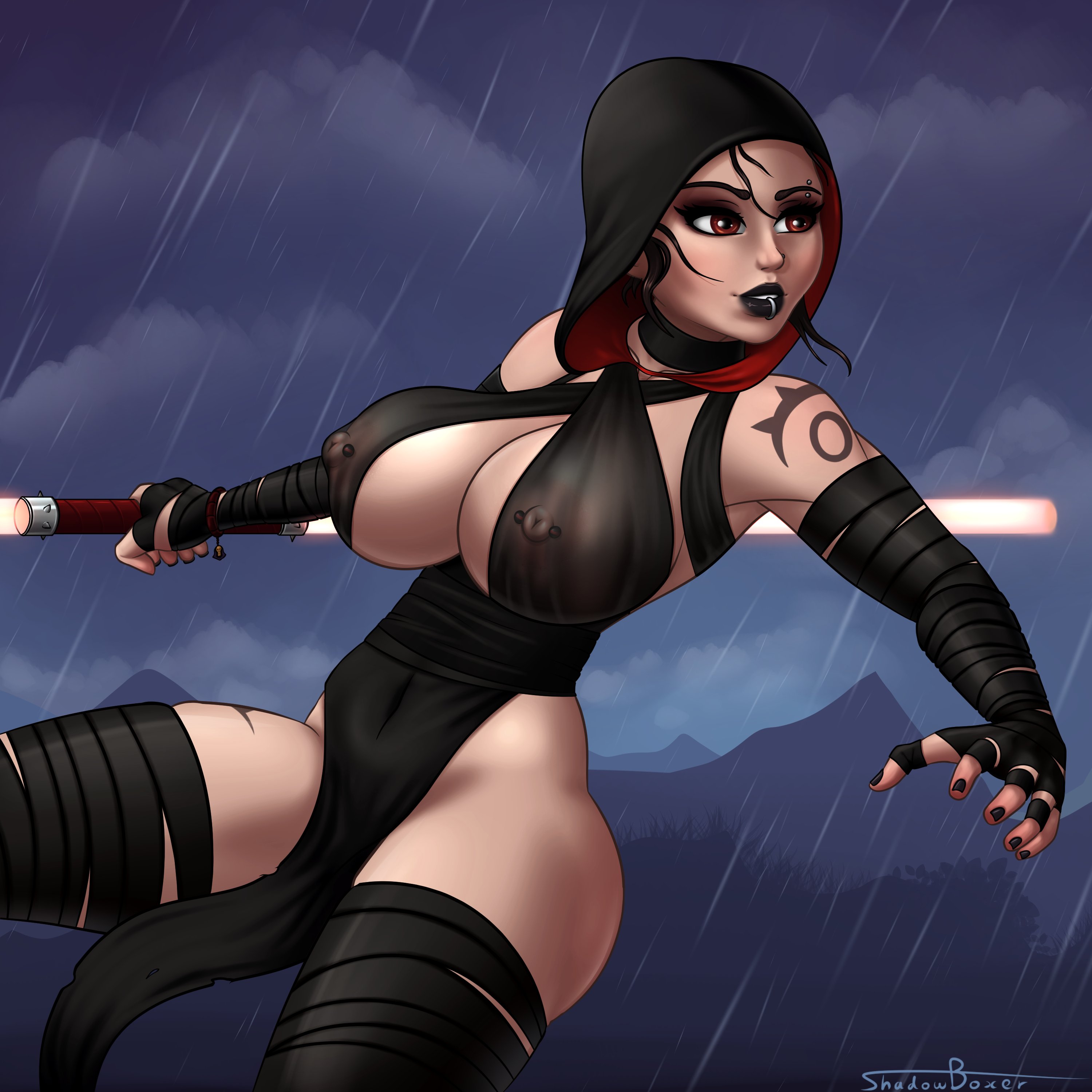 1girls, absurdres, alternate costume, areolae, big breasts, breasts, cleavage, erect nipples, female, female only, highres, large breasts, nipple piercing, nipples, piercing, rey, shadowboxer, sith rey, star wars, the force awakens, thick thighs, wide hips