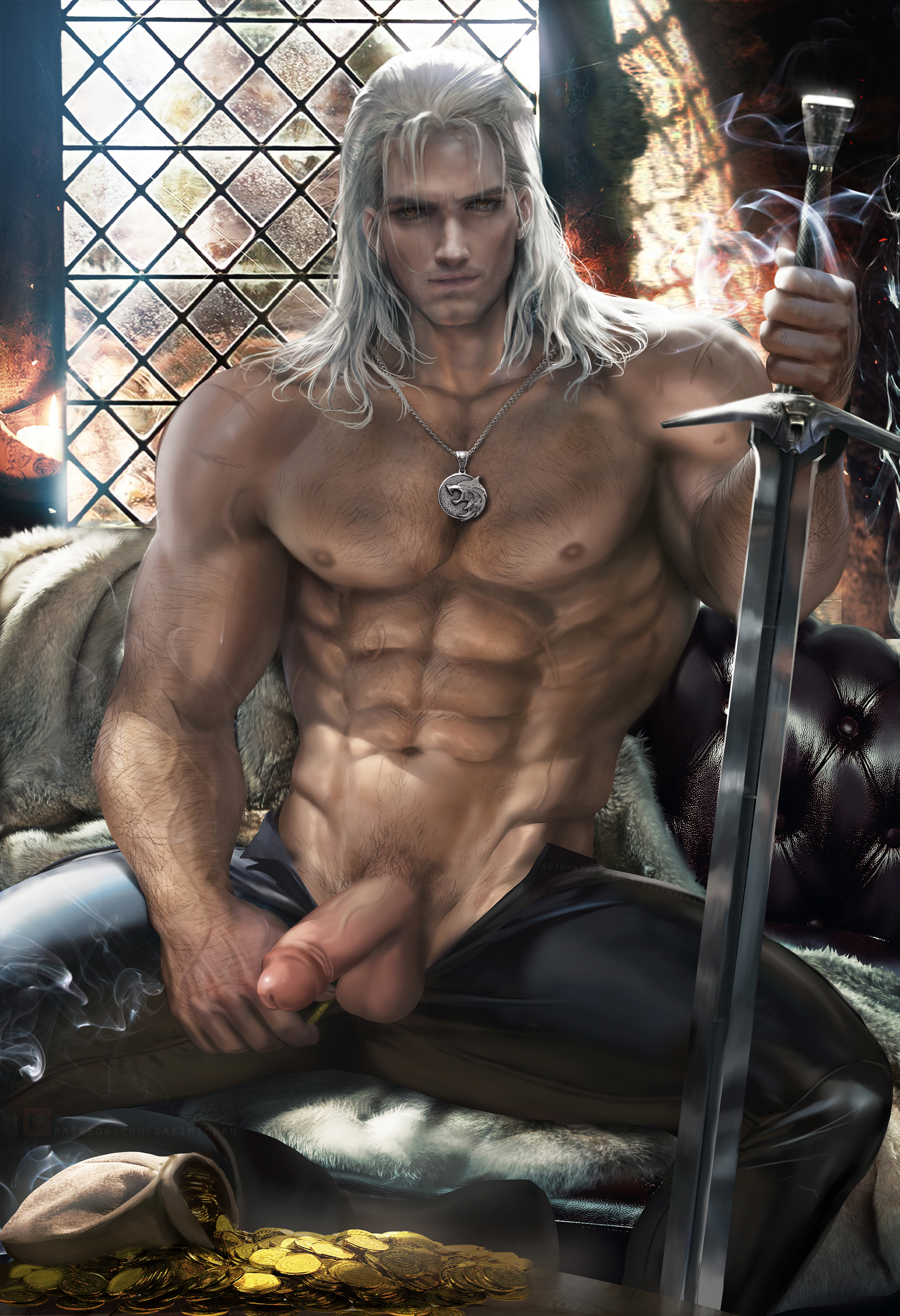 geralt of rivia, gold, male, male only, sakimichan, sword, the witcher (netflix), the witcher (series), white hair, yellow eyes