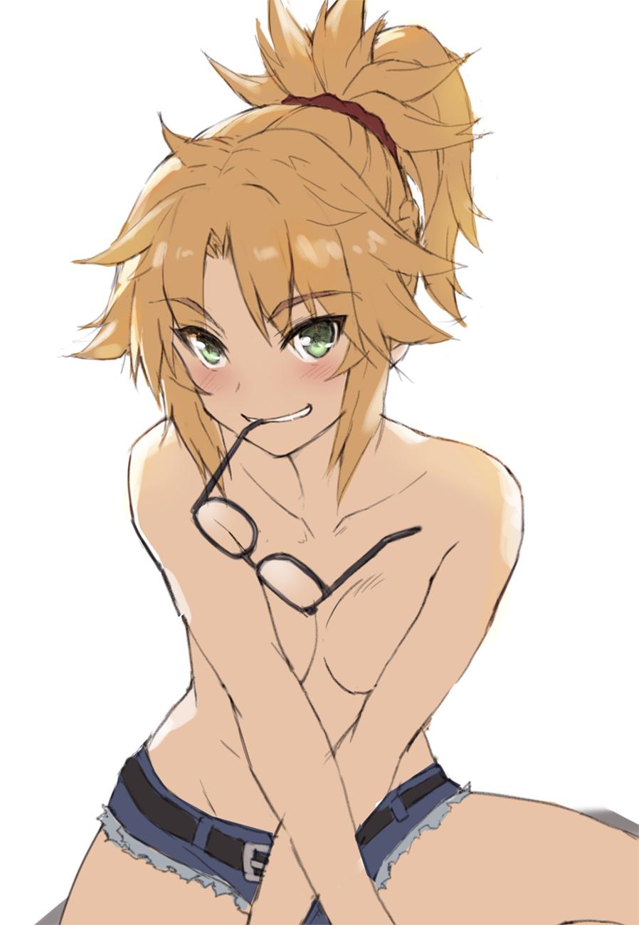 1girls, bangs, belt, black belt, blonde hair, breasts, clavicle, eyebrows visible through hair, fate (series), fate/apocrypha, fate/grand order, female, glasses in mouth, green eyes, high resolution, long hair, looking at viewer, megane, micro shorts, mordred (fate), mouth hold, no bra, nude, red hair ornament, red scrunchie, scrunchie, short shorts, shorts, simple background, small breasts, smile, solo, tonee, topless, topless female, white background
