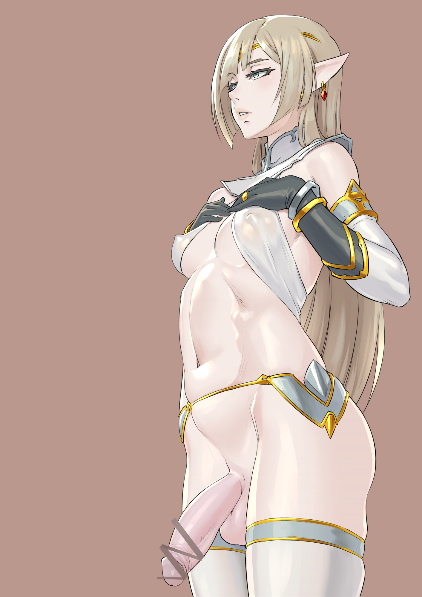 1futa, aqua eyes, balls, black gloves, blonde hair, blush, bottomless, bracelet, breasts, brown background, bulge, censored, covered nipples, detached sleeves, earrings, elf, fanbox reward, flaccid, futa only, futanari, gloves, highres, horny, intersex, jewelry, long hair, medium breasts, mikoyan, navel, original, paid reward, parted lips, penis, pointy ears, revealing clothes, simple background, solo, solo futa, testicles, thighhighs, white background