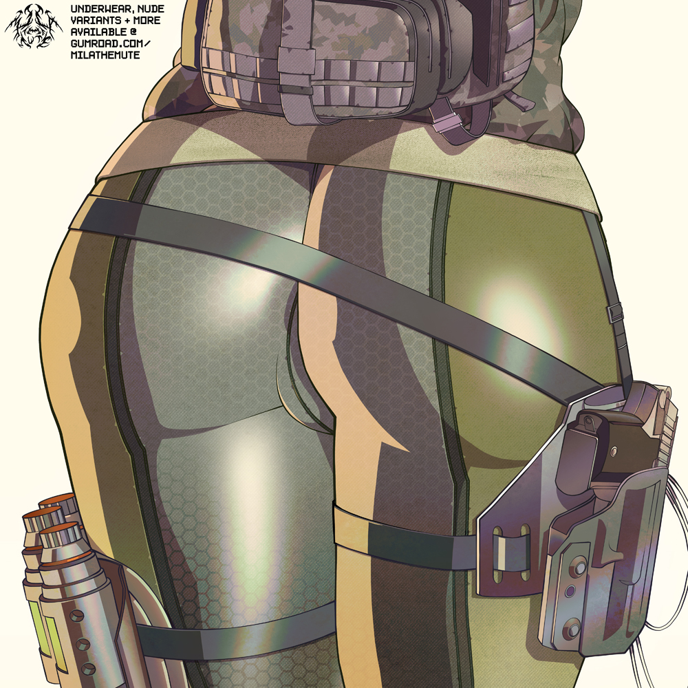1girls, ass, ass focus, bodysuit, camo, clothed, ela (rainbow six), female, female only, grzmot mine, holster, mila the mute, rainbow six, rainbow six siege, solo, tom clancy, ubisoft, white background