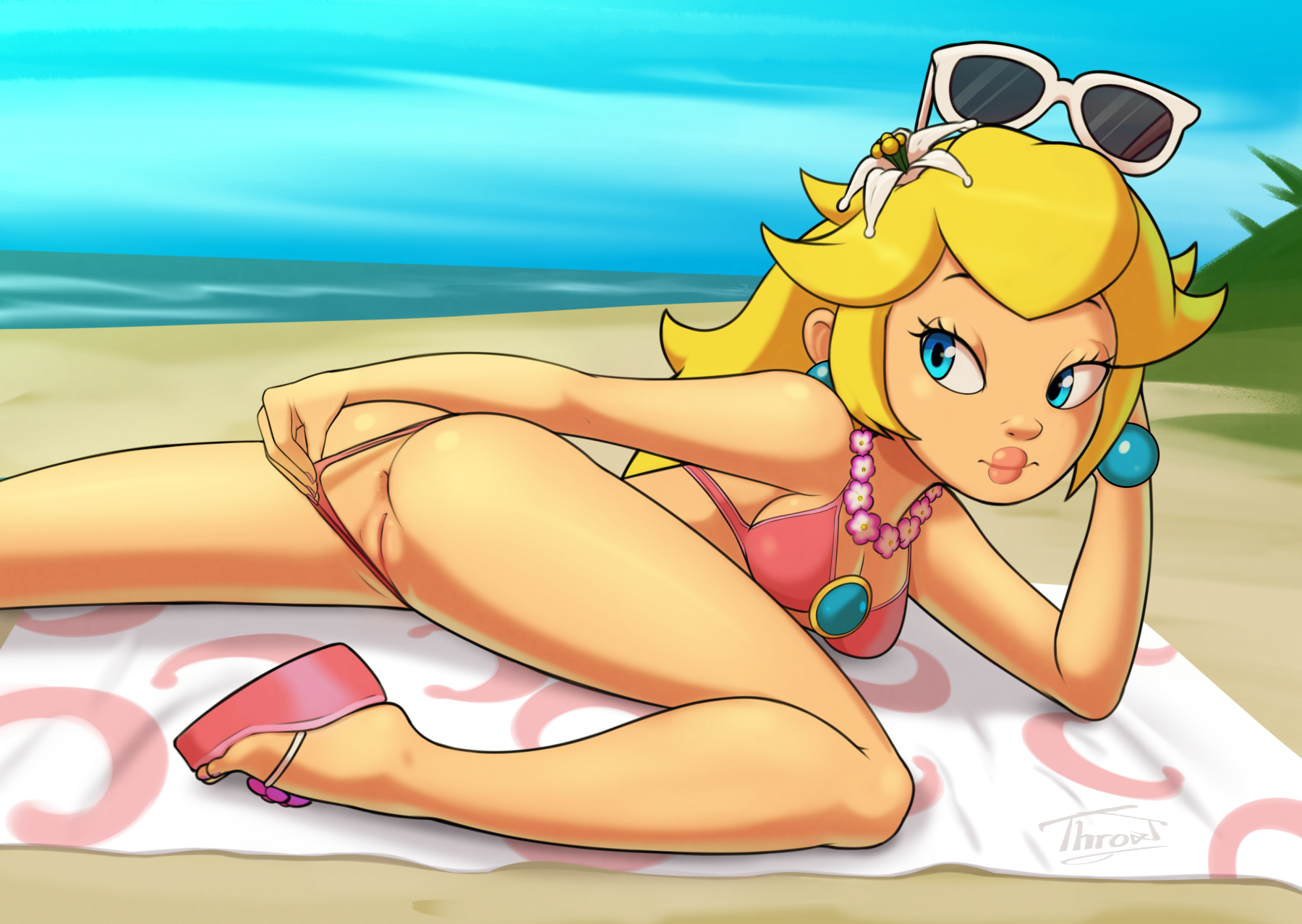 1girls, anus, ass, beach, bikini, blonde hair, blue eyes, breasts, brooch, cleavage, earrings, female, female only, flower in hair, half-closed eyes, human, light skin, light-skinned female, lips, lipstick, mario (series), nintendo, outdoors, pink bikini, presenting, princess peach, princess peach (swimwear), pussy, sandals, solo, sunglasses, sunglasses on head, super mario odyssey, swimsuit, thick lips, throat (artist), wedge heels