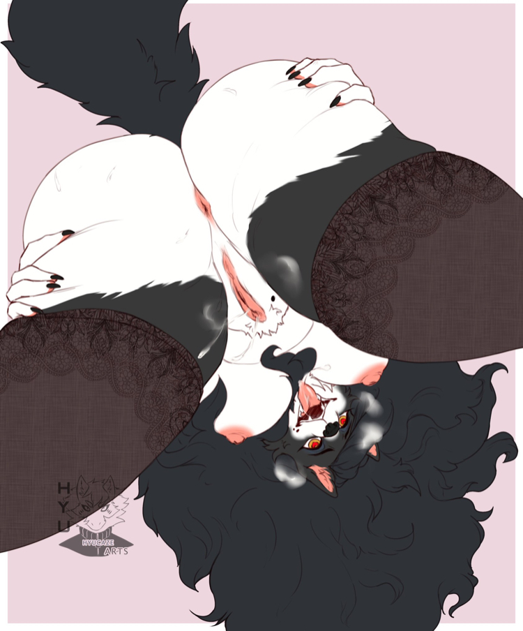 1girls, ahe gao, anthro, anus, areolae, black hair, breasts, canine, female, female only, from below, furry, hyucaze, long hair, nipples, nude, pussy, raised tail, sia (ebonycrowned), simple background, solo, stockings, thick thighs, thighhighs, tongue, tongue out